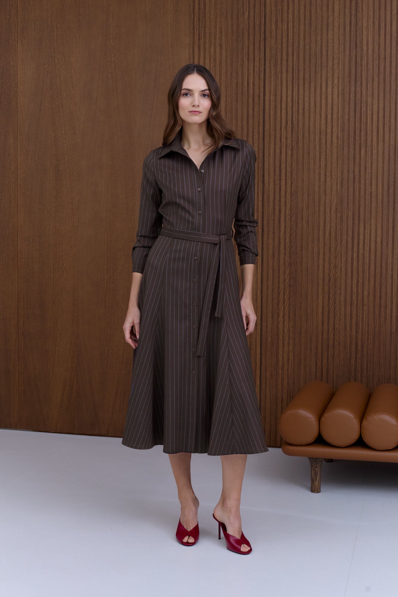 ANOUK Brown Striped Godet Shirt Dress