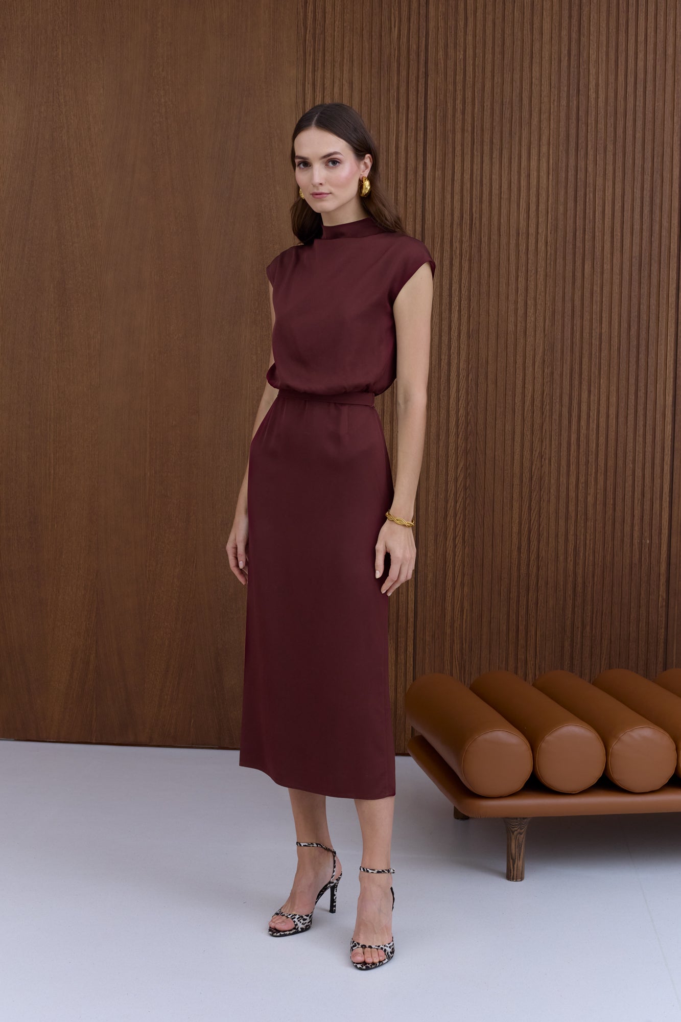 TESSA wine-red short kimono sleeves elegant midi dress