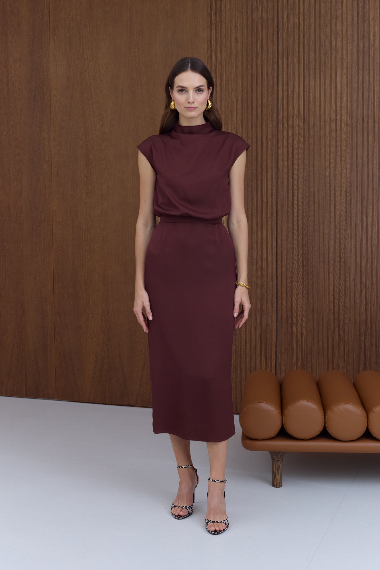 TESSA wine-red short kimono sleeves elegant midi dress