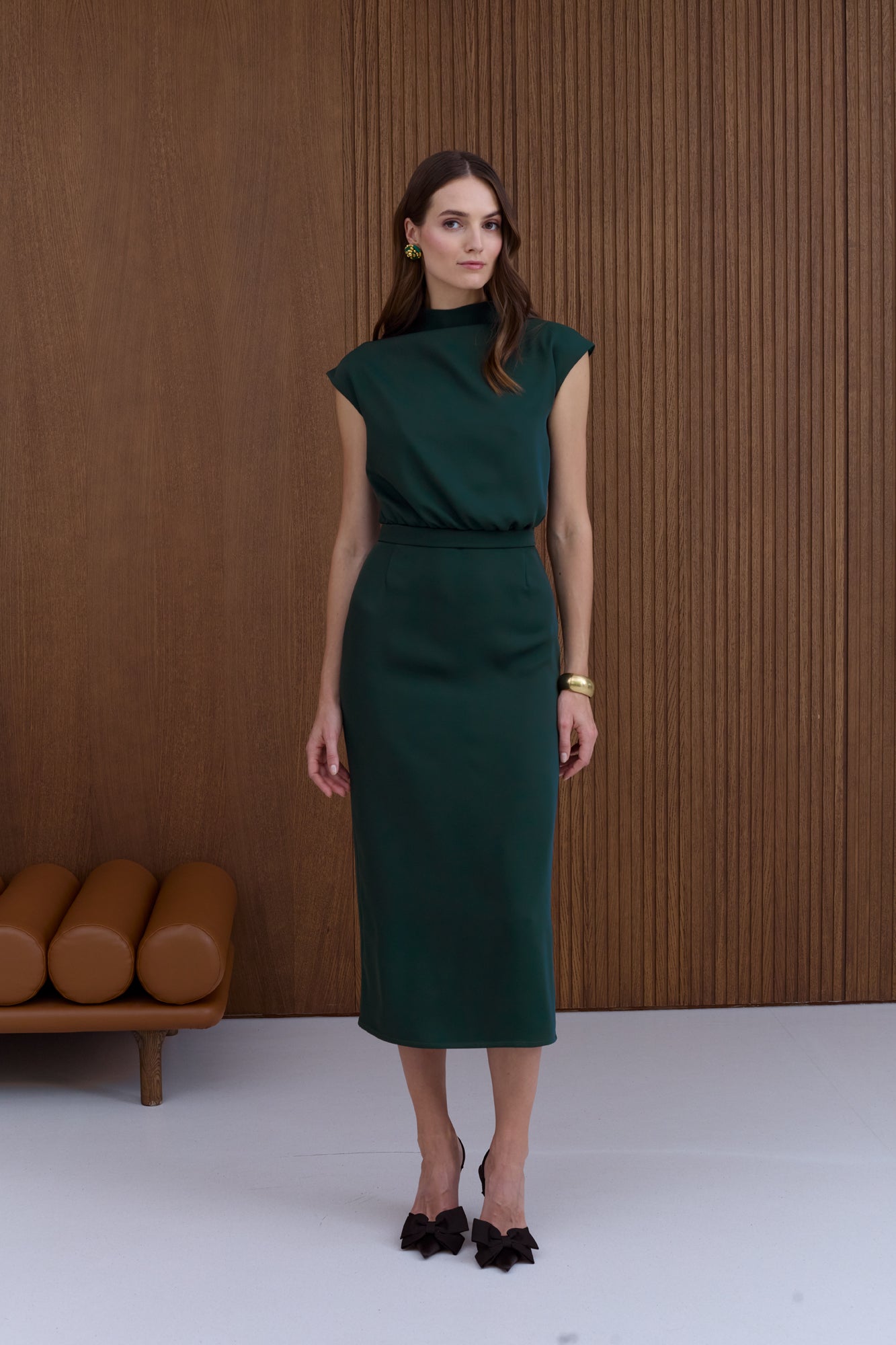 TESSA deep green short kimono sleeves midi dress