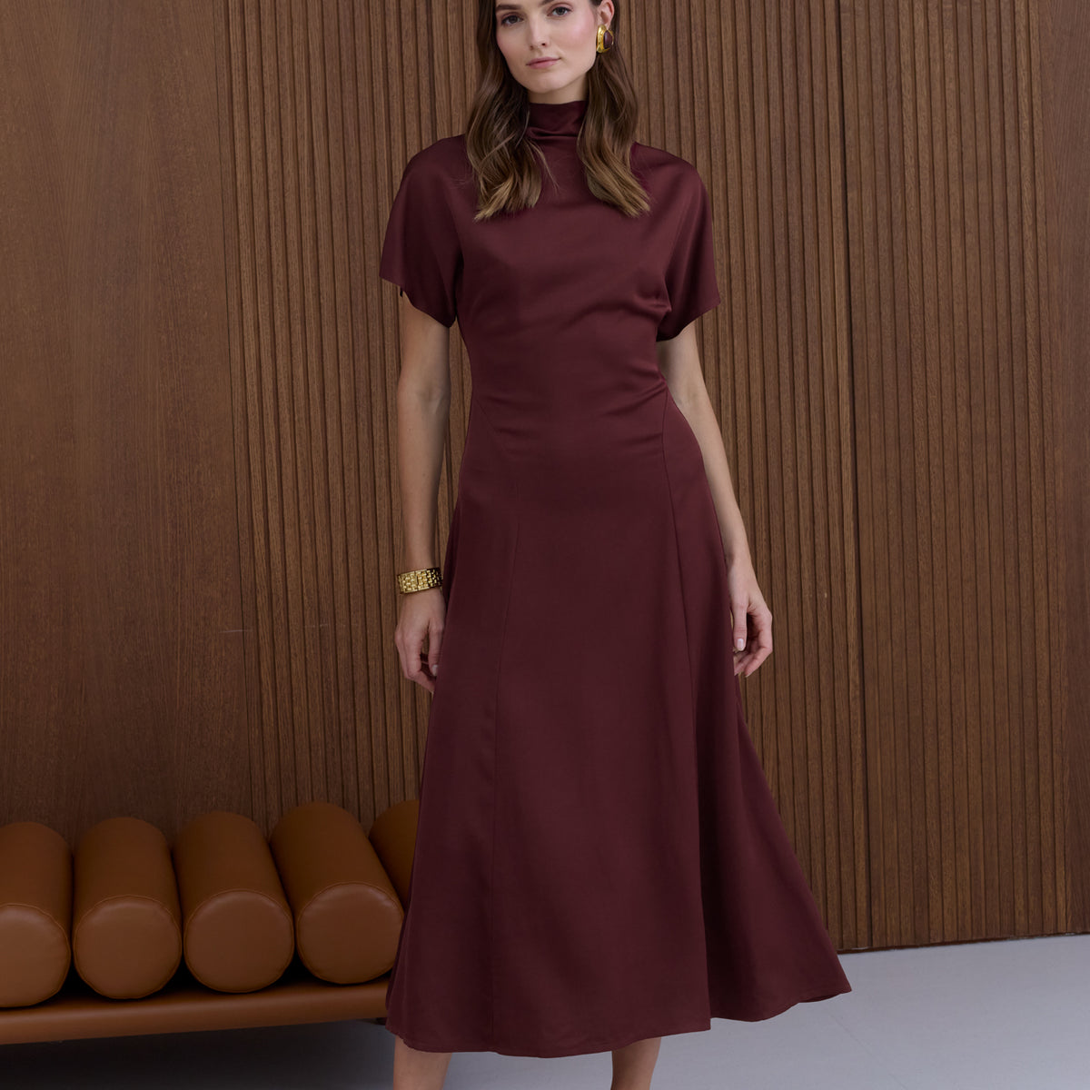 knee length dresses for ladies TORI Burgundy Structured Midi Dress