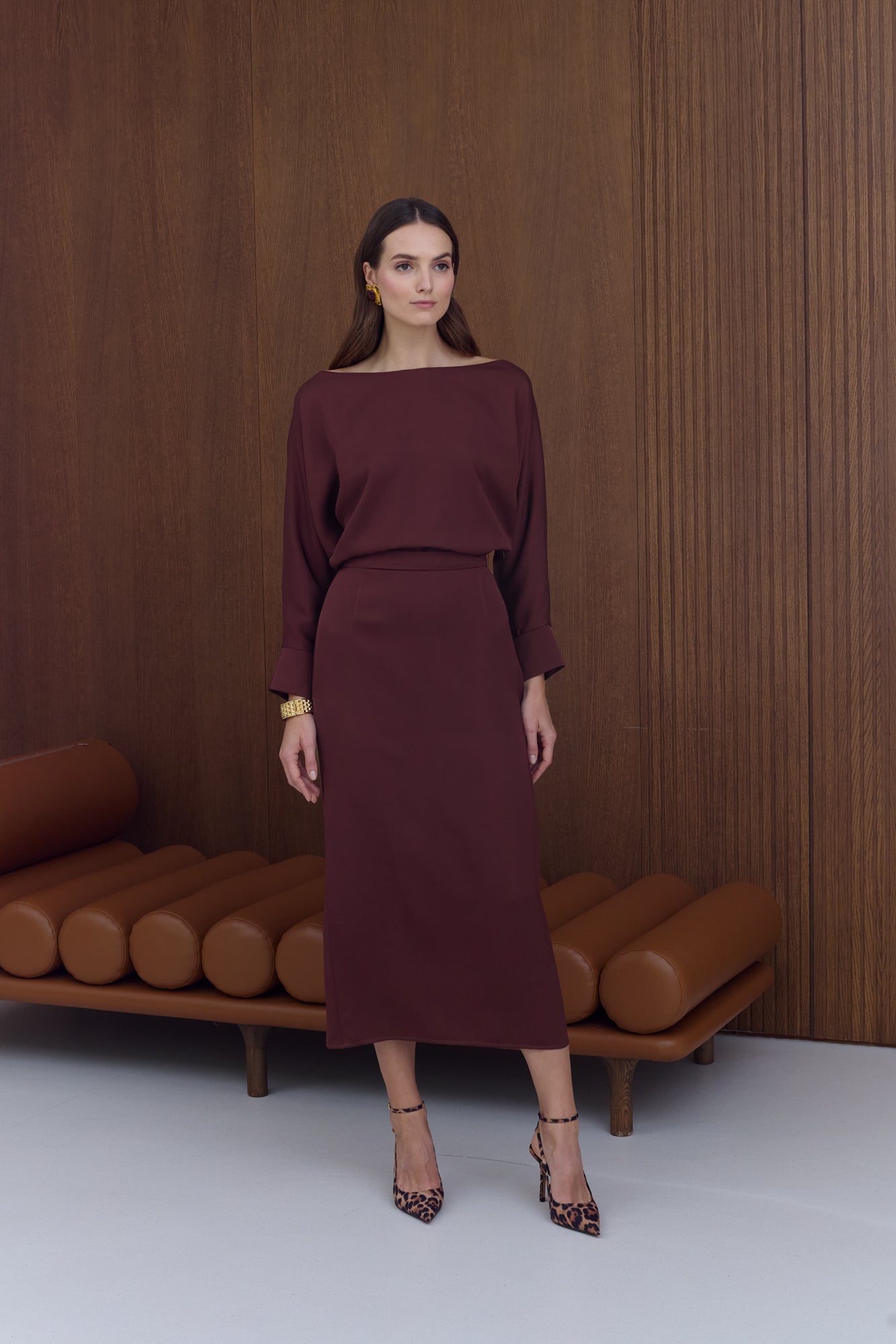 AGALIA Wine-Red Off-the-Shoulder Midi Dress