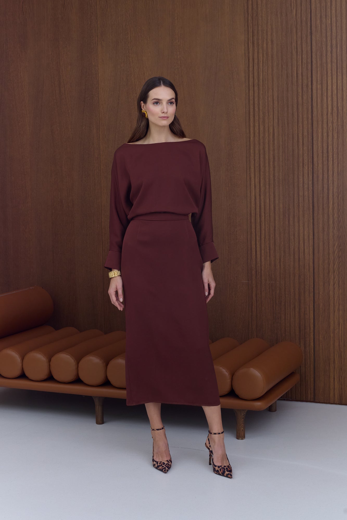 AGALIA Wine-Red Off-the-Shoulder Midi Dress