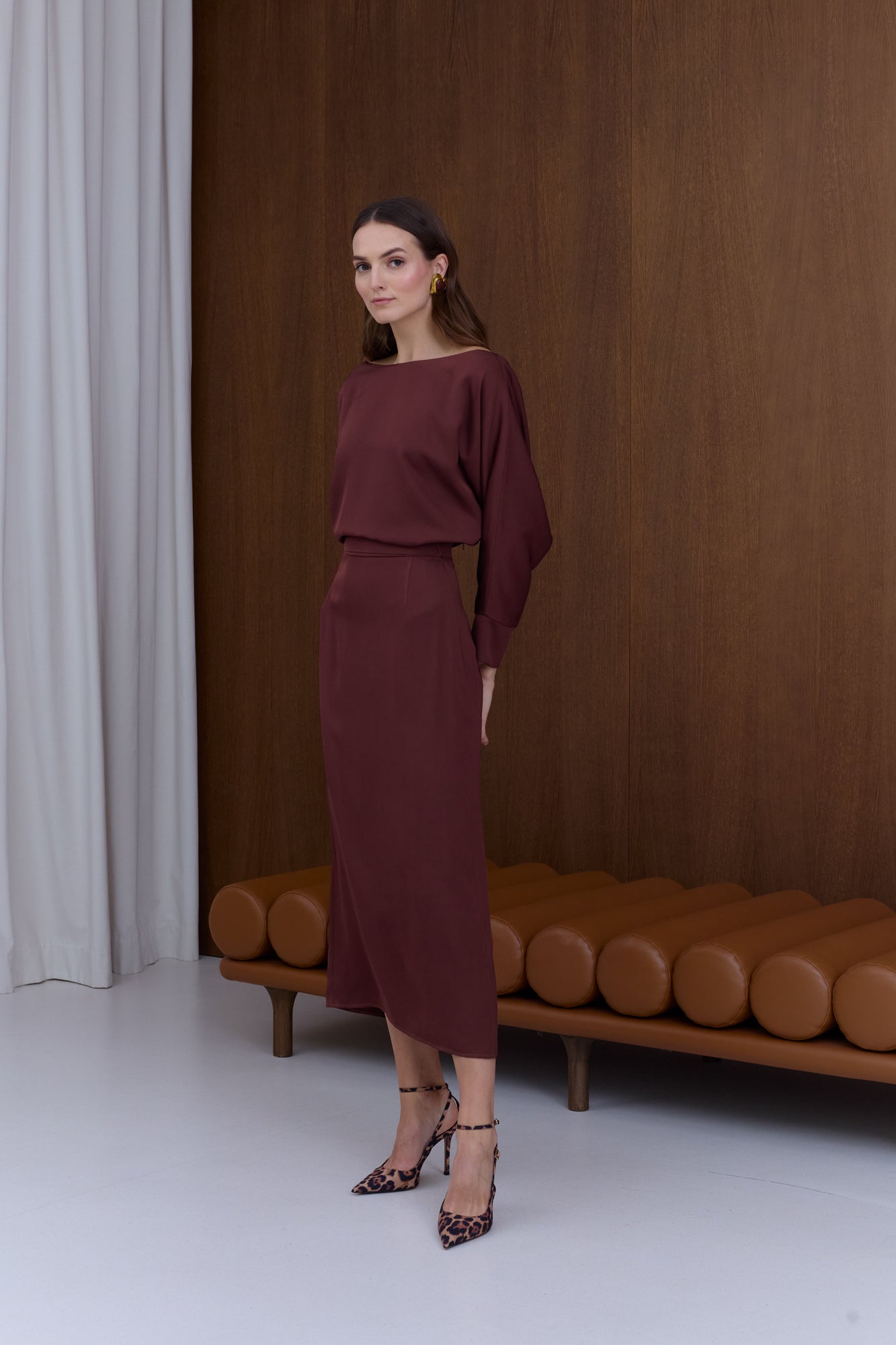 AGALIA Wine-Red Off-the-Shoulder Midi Dress