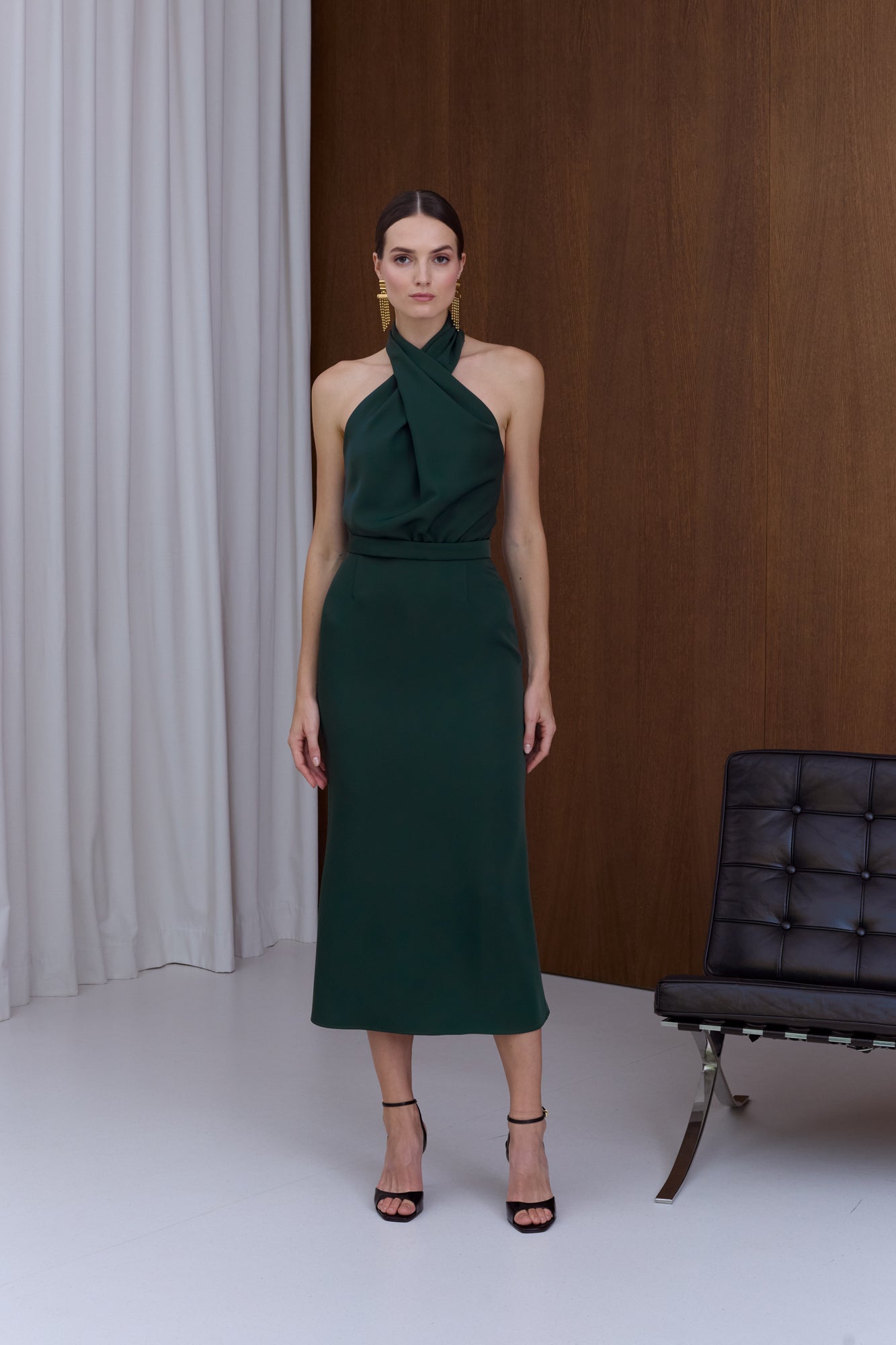 CELIA Green X Neck Midi Party Dress