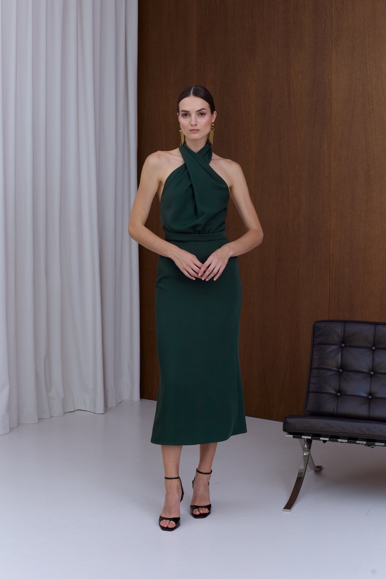 CELIA Green X Neck Midi Party Dress