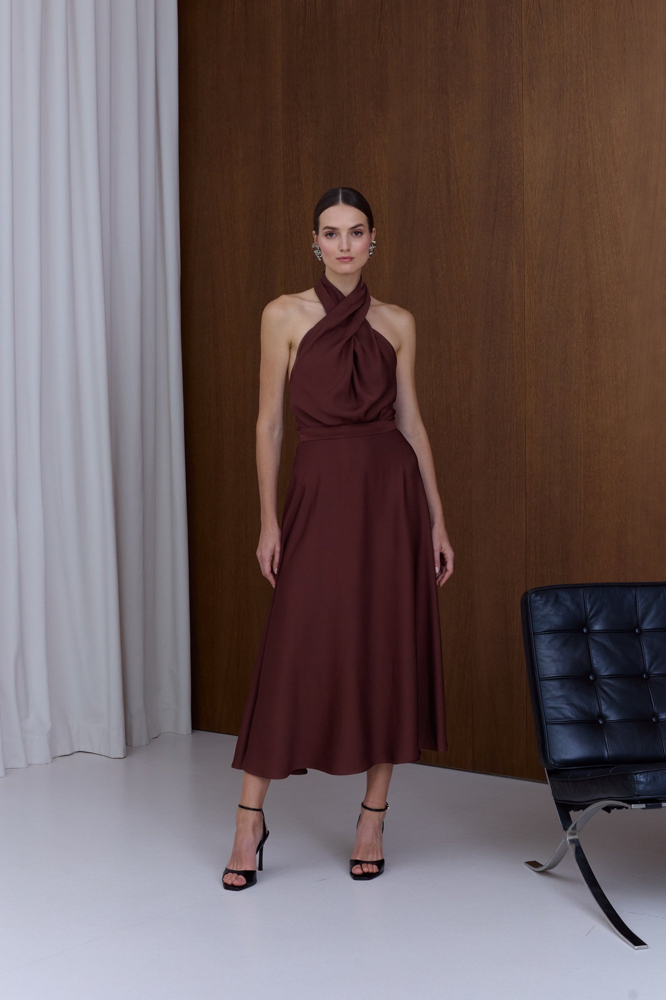 HEIDI Burgundy X Neck Midi Party Dress