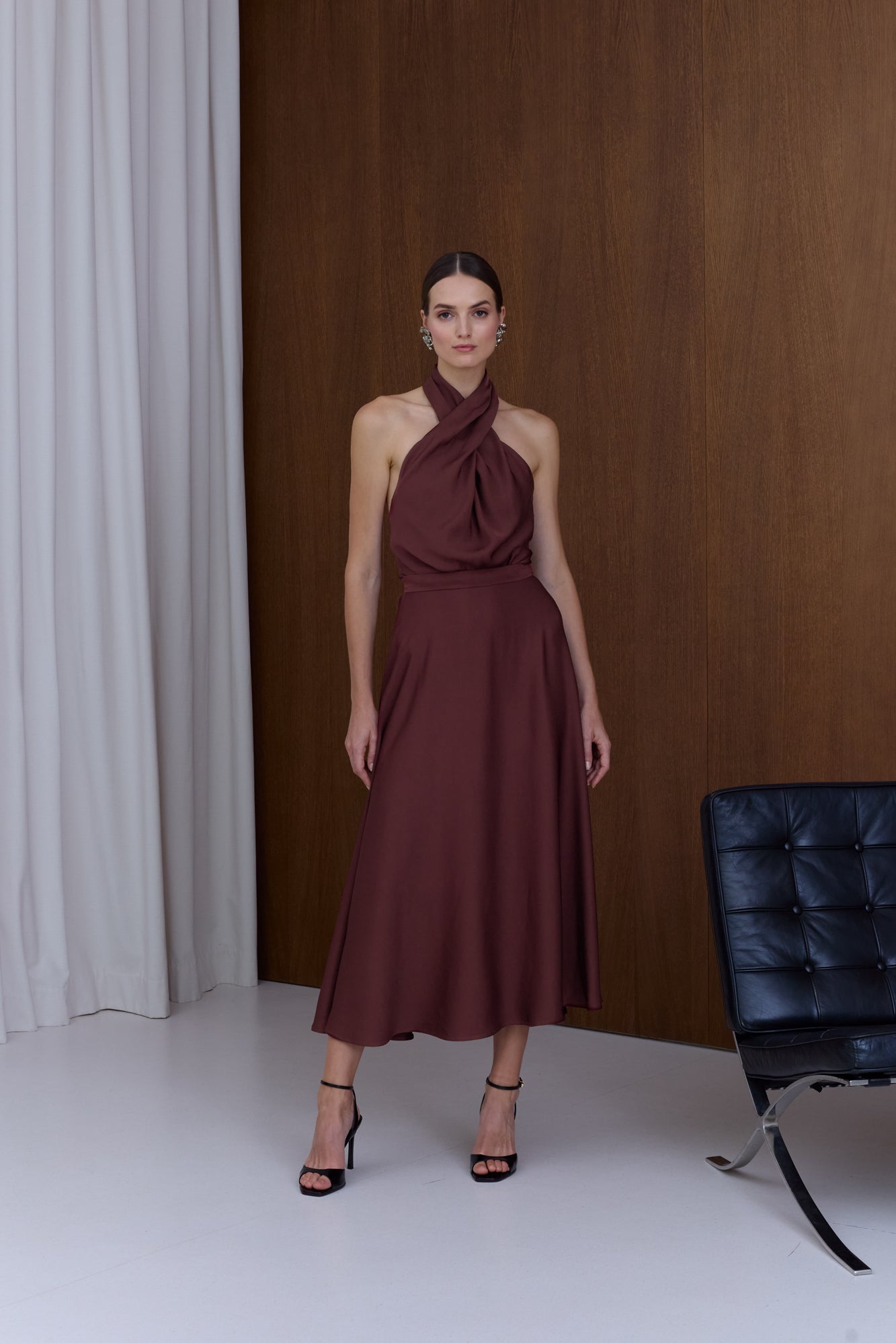 HEIDI Burgundy X Neck Midi Party Dress