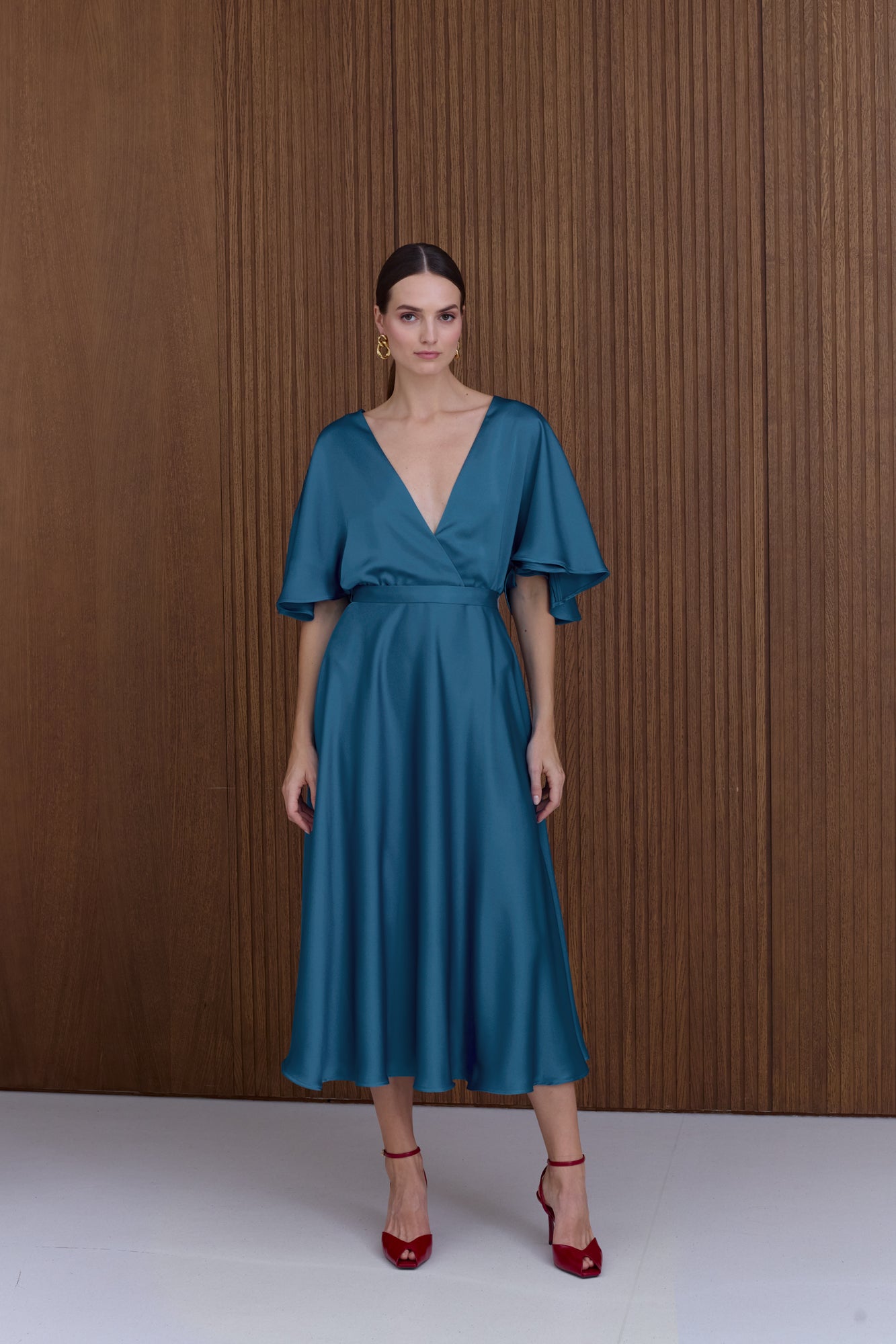 SONYA Blue Midi Cocktail Dress With Butterfly Sleeves