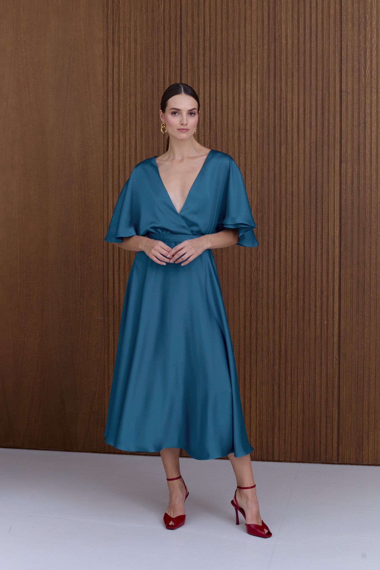 SONYA Blue Midi Cocktail Dress With Butterfly Sleeves
