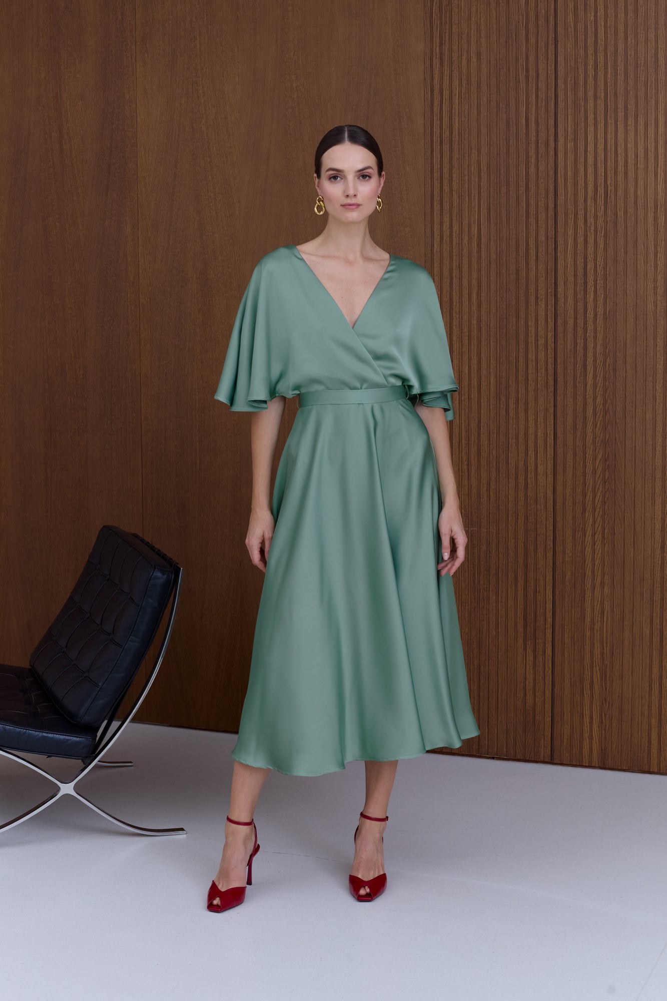 SONYA Sage Midi Cocktail Dress With Butterfly Sleeves