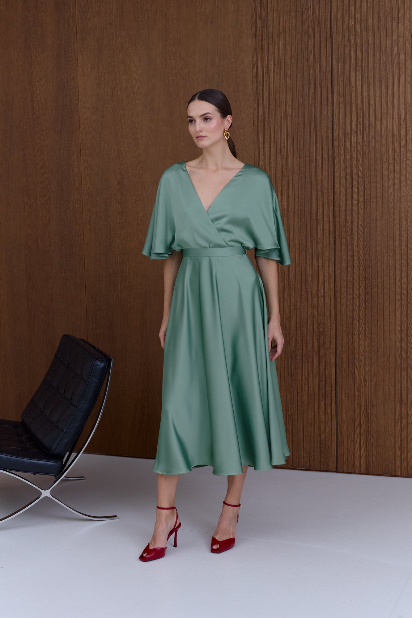 SONYA Sage Midi Cocktail Dress With Butterfly Sleeves