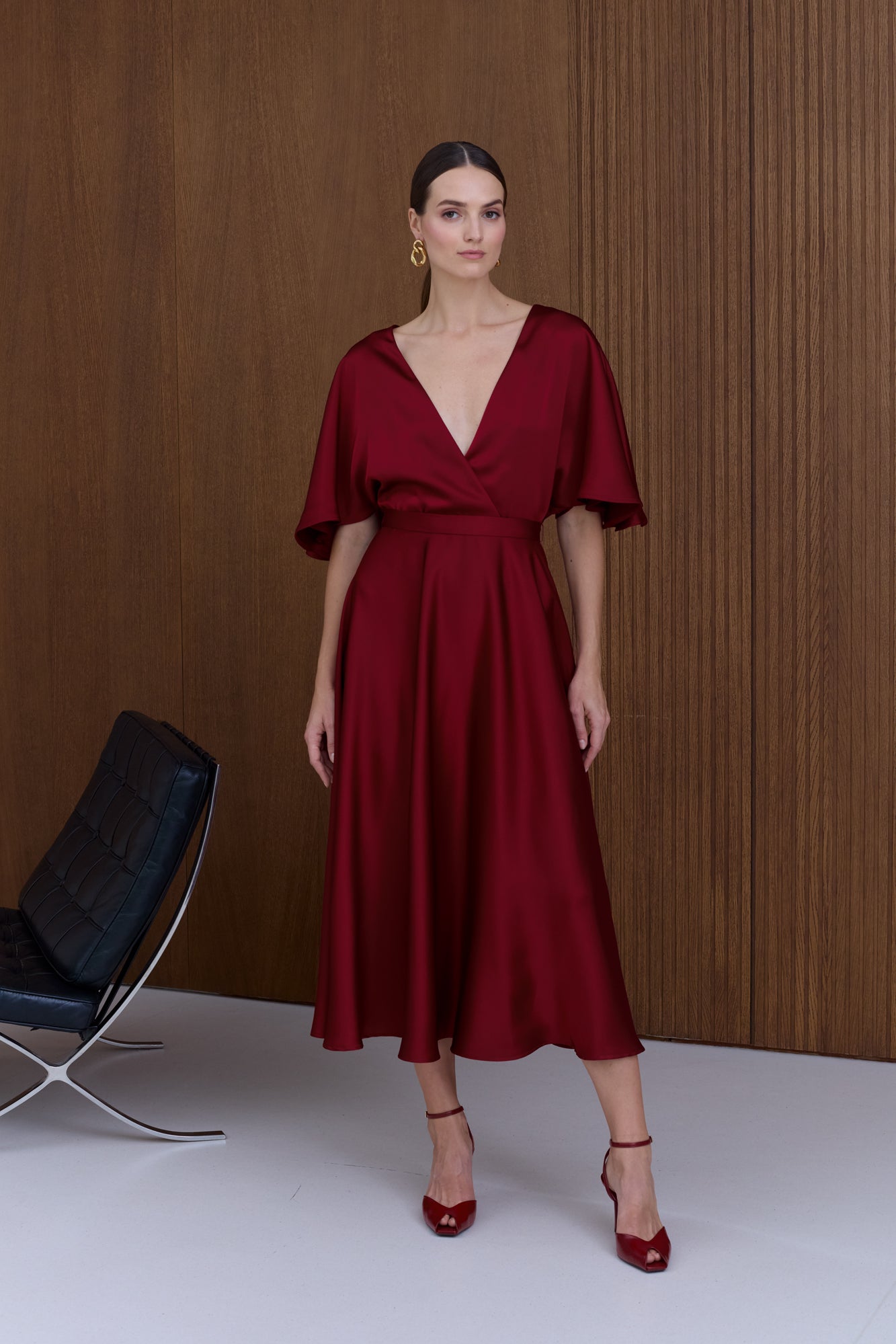 SONYA Red Midi Cocktail Dress with Butterfly Sleeves