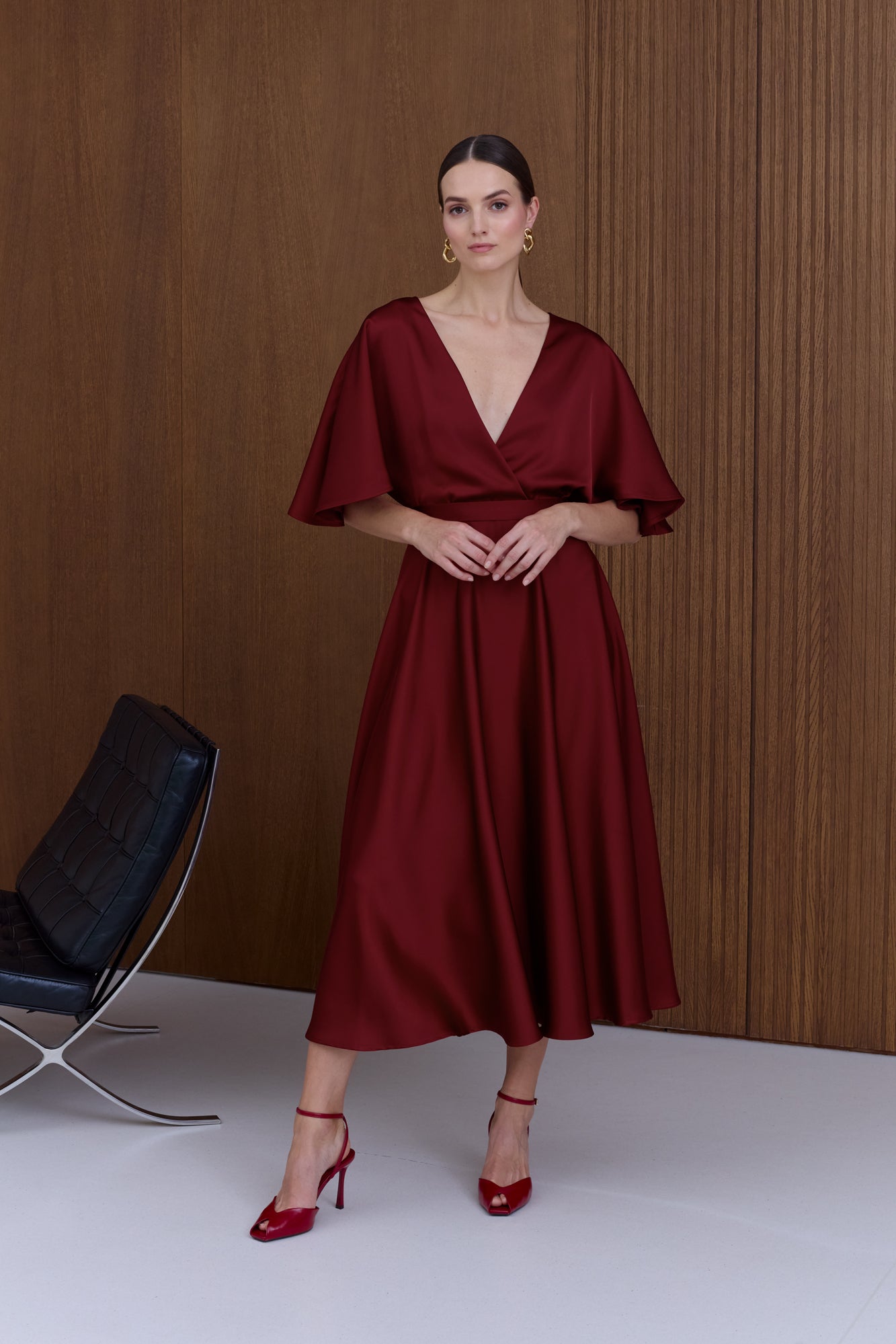 SONYA Red Midi Cocktail Dress with Butterfly Sleeves