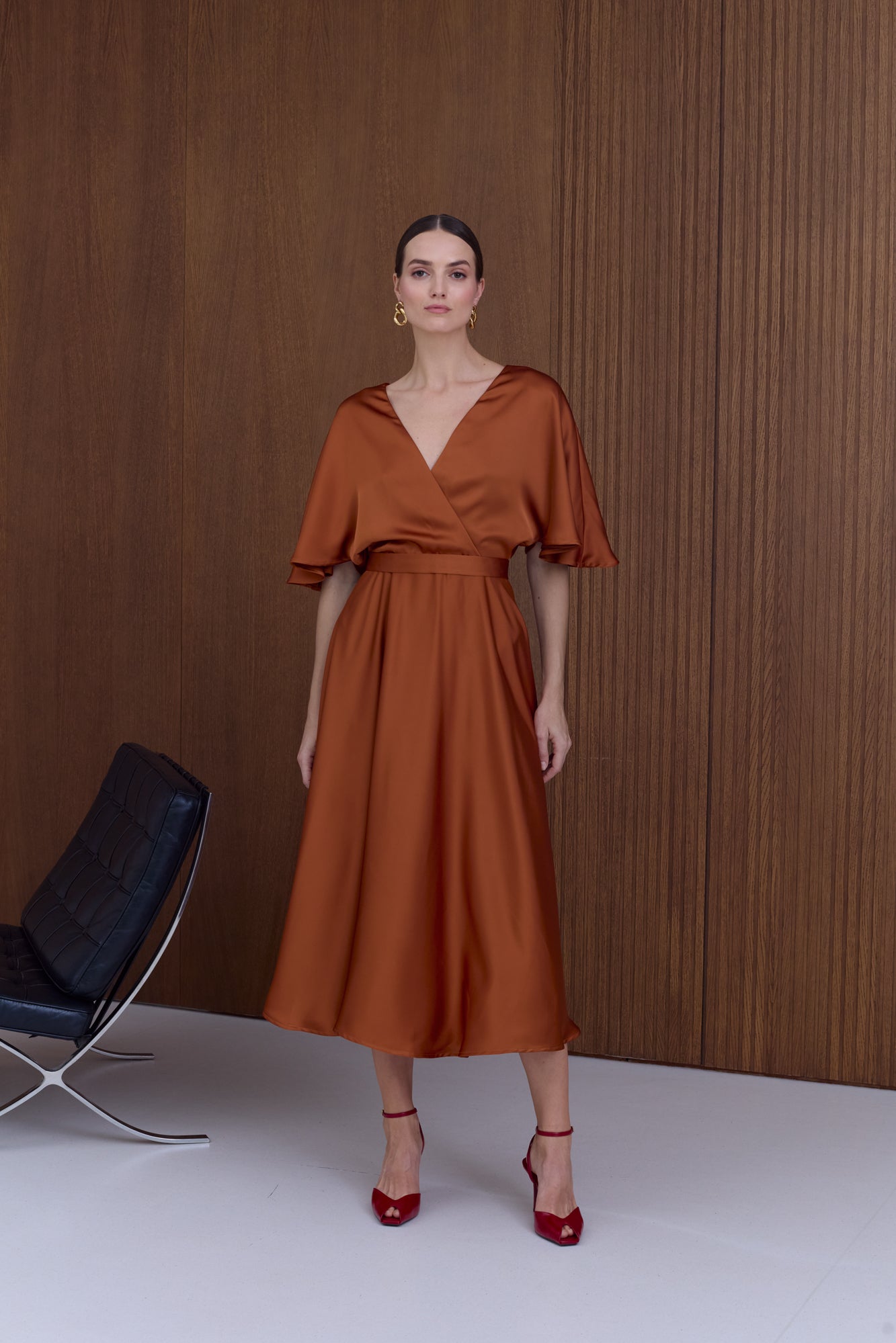 SONYA Bronze Midi Cocktail Dress with Butterfly Sleeves