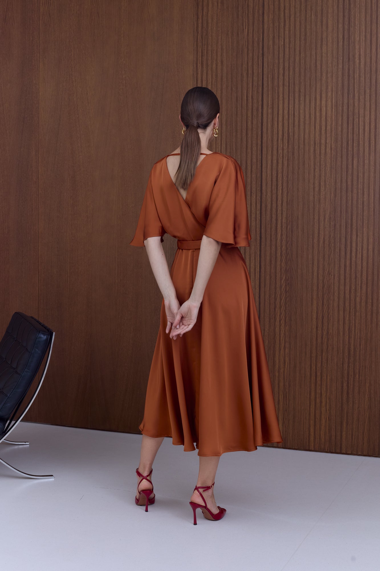 SONYA Bronze Midi Cocktail Dress with Butterfly Sleeves