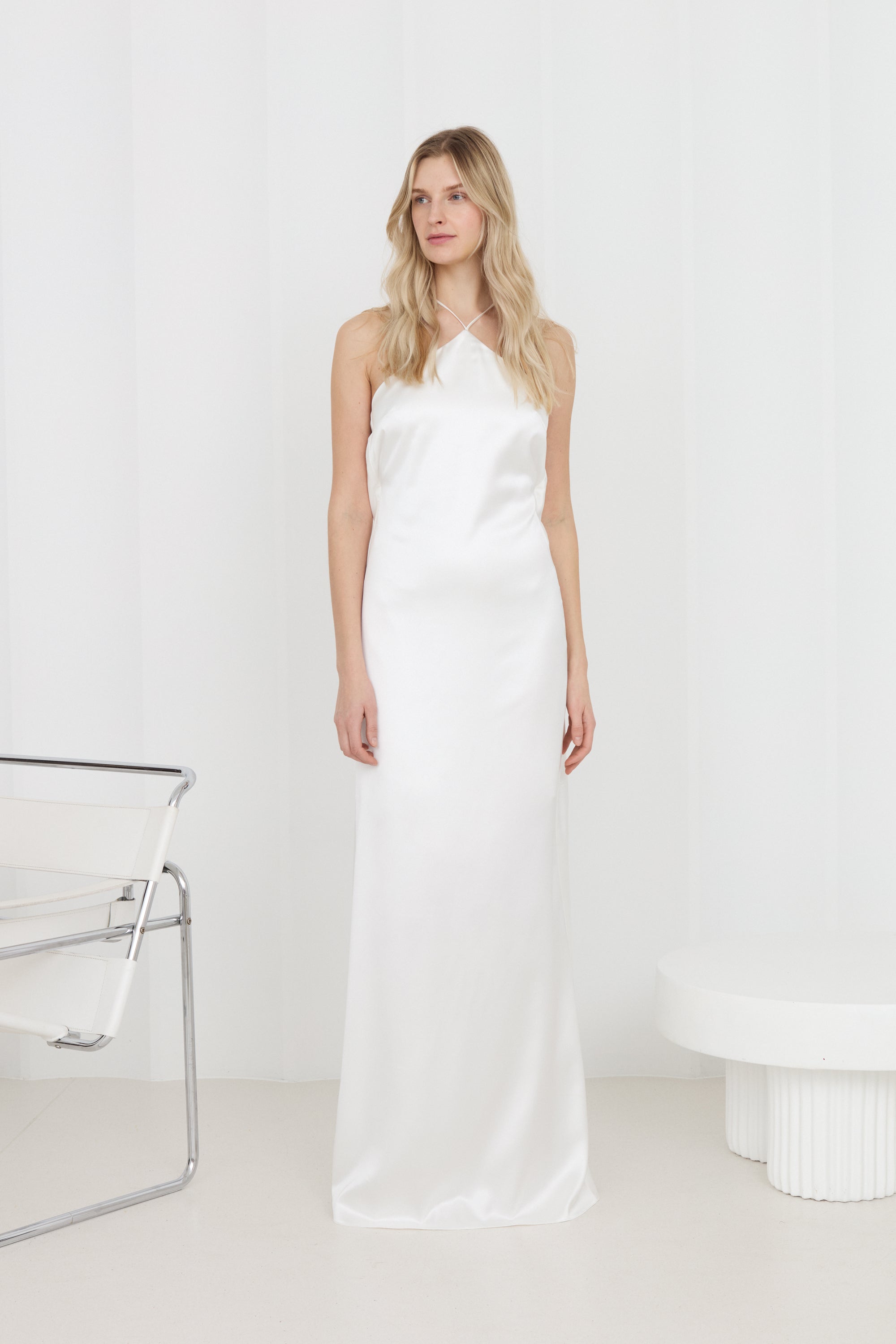 VERA White Long Wedding Dress With Draped Back