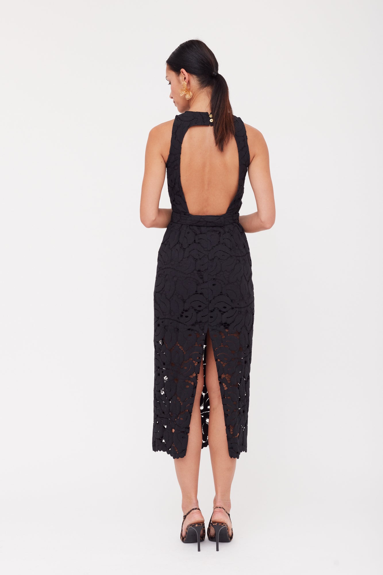 YEMA Black Floral Lace Midi Dress With Open Back