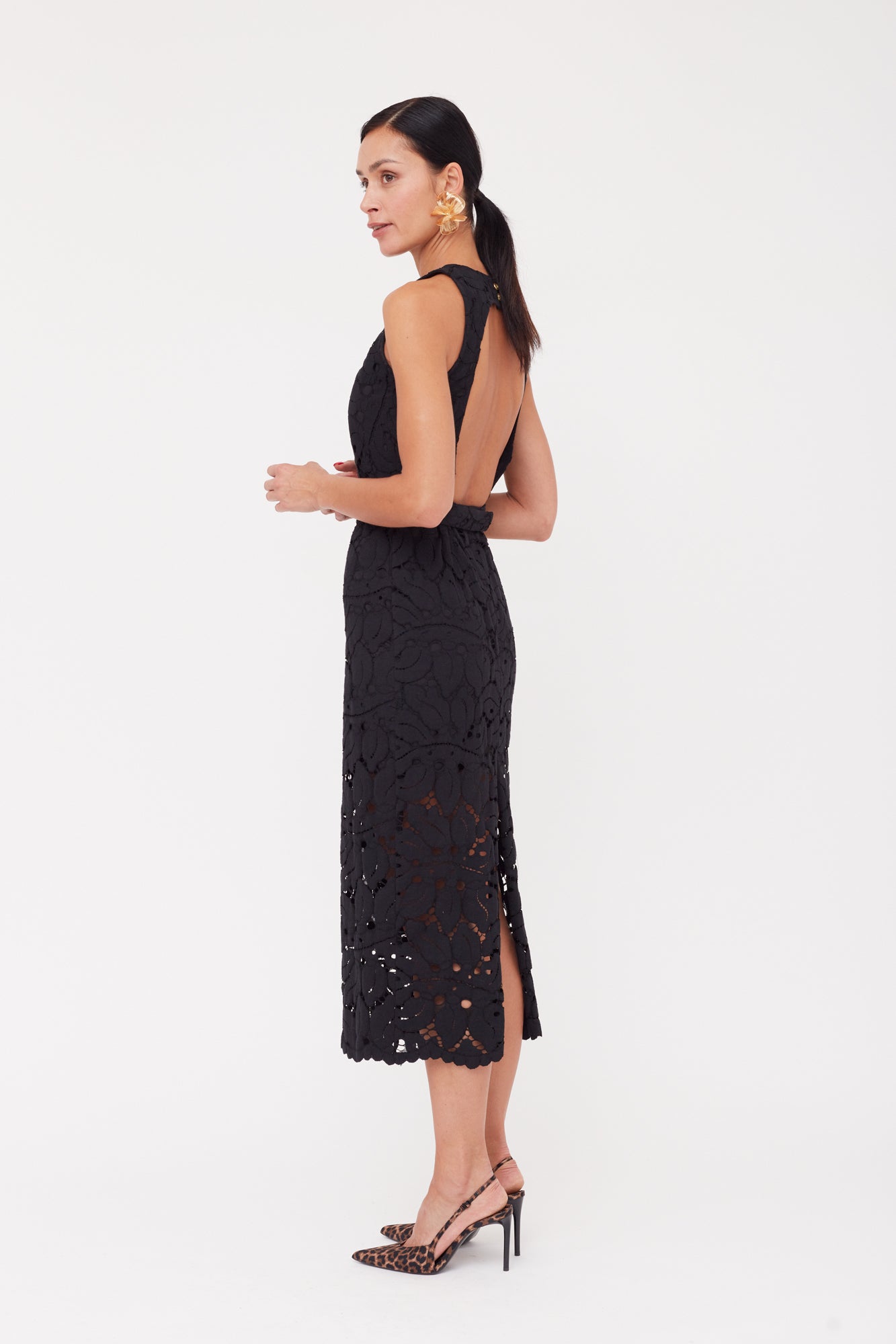 YEMA Black Floral Lace Midi Dress With Open Back