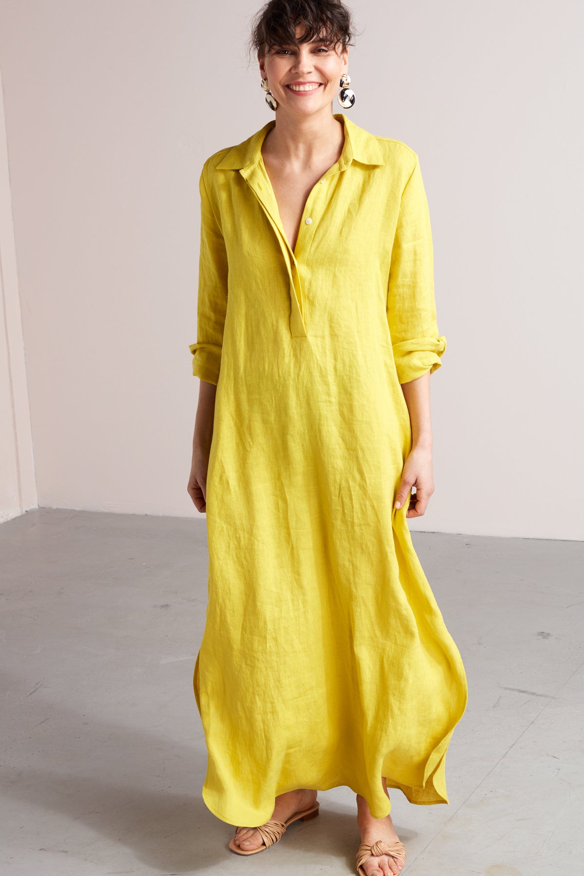 ZUMA A silhouette linen midi shirt dress in lemon yellow