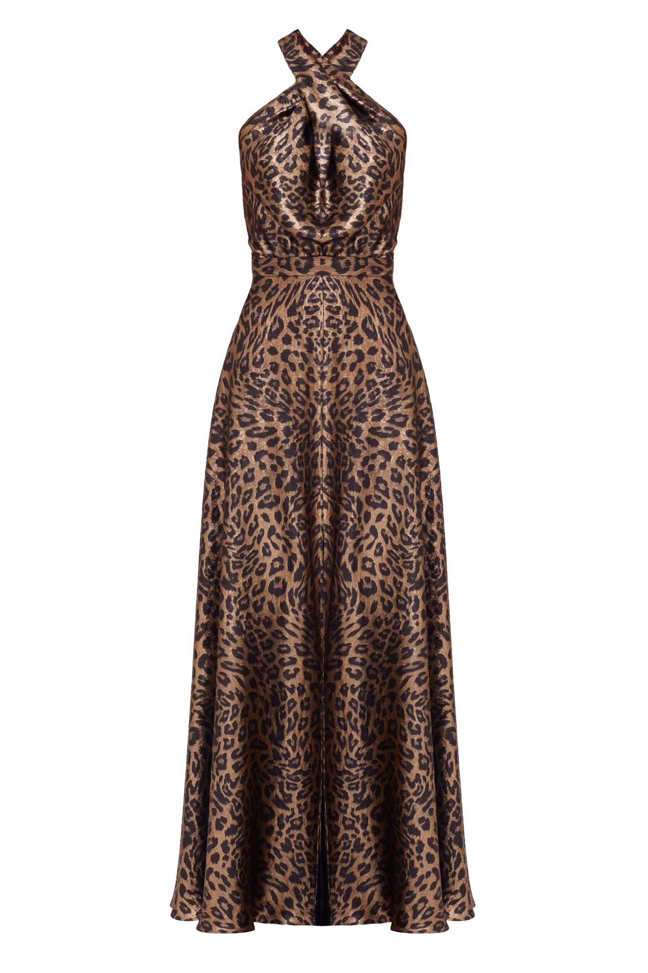 HELIDA Black Bronze Leopard Print Long Dress With Criss-Cross Neck