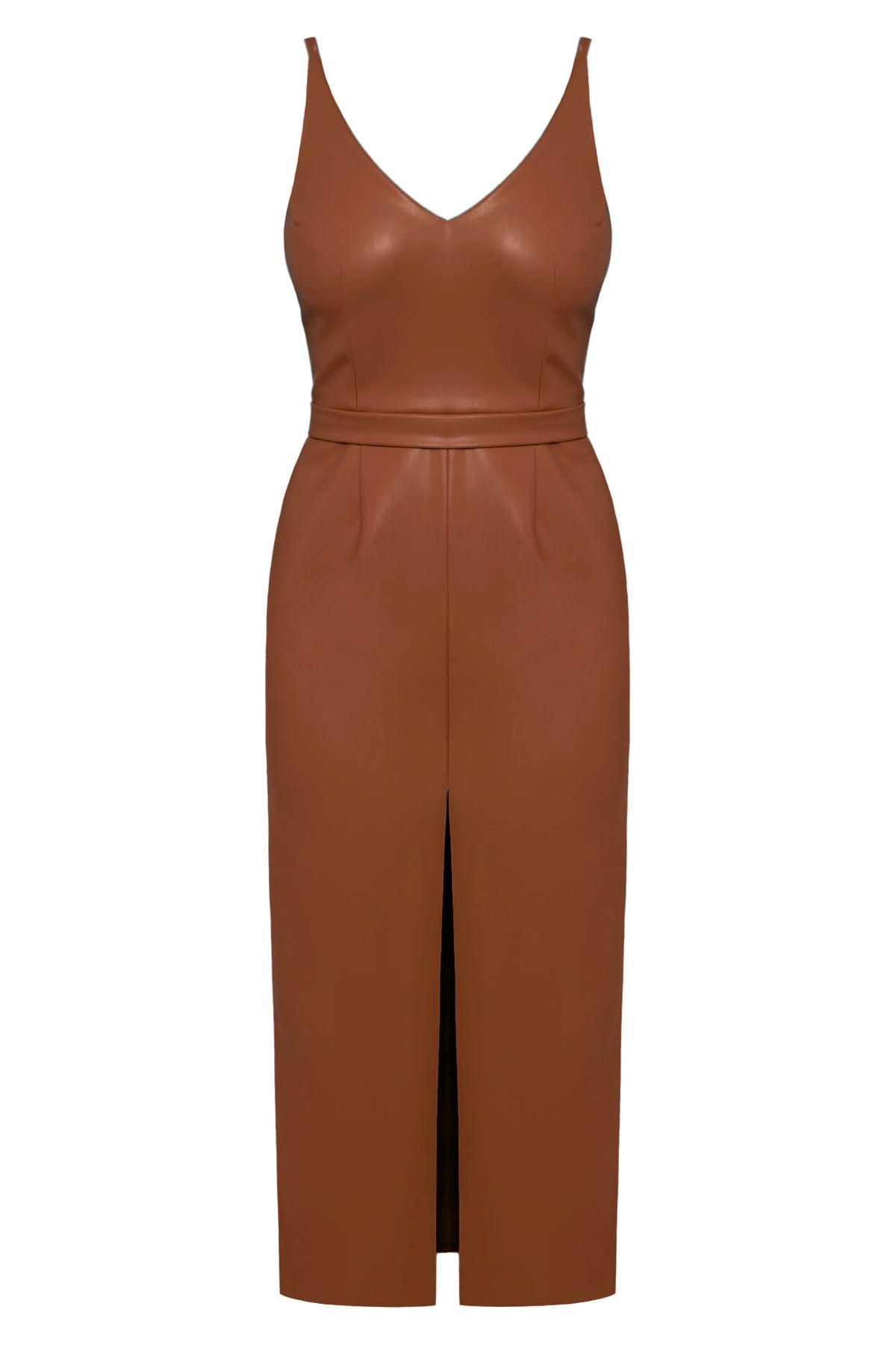 CALISTA brown vegan leather midi dress