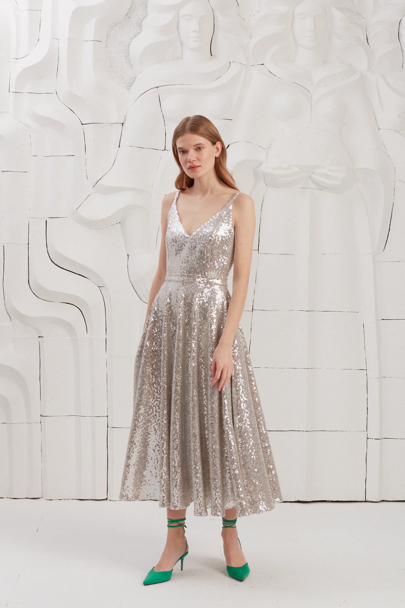ADINA Silver Sequin Open Back Midi Dress With Circle Skirt