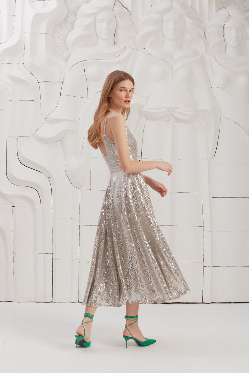 ADINA Silver Sequin Open Back Midi Dress With Circle Skirt