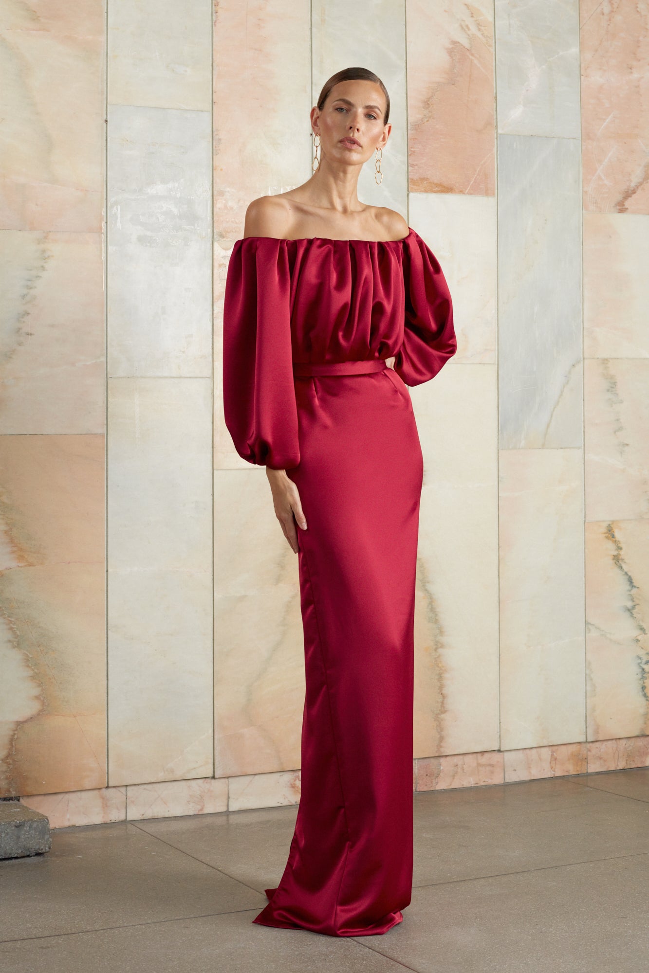 Red evening dress with long sleeves