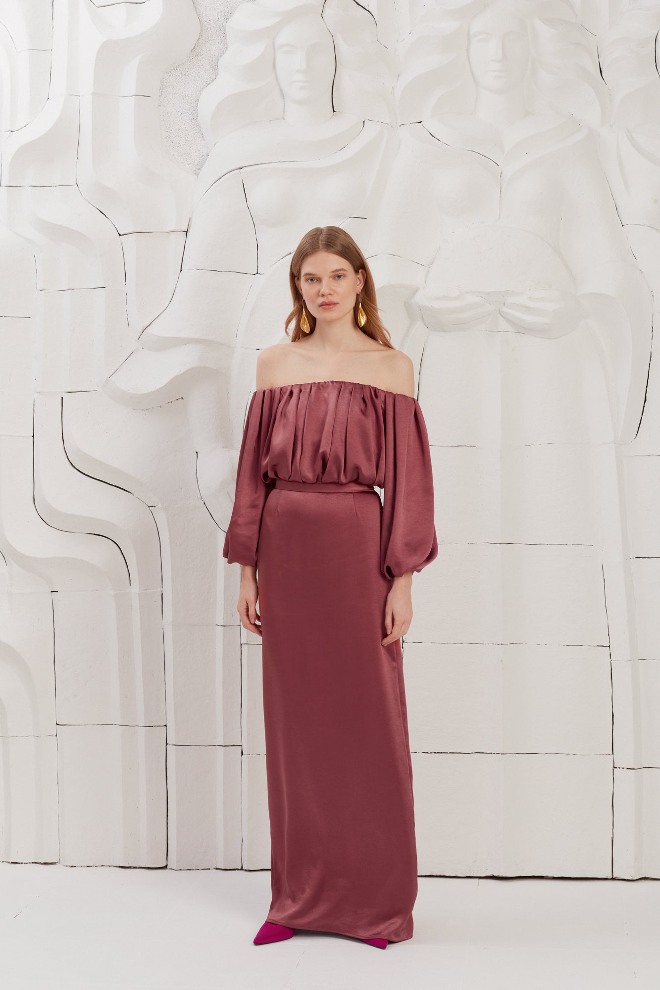 ALICE Fire Brick Off Shoulder Pleated Maxi Dress