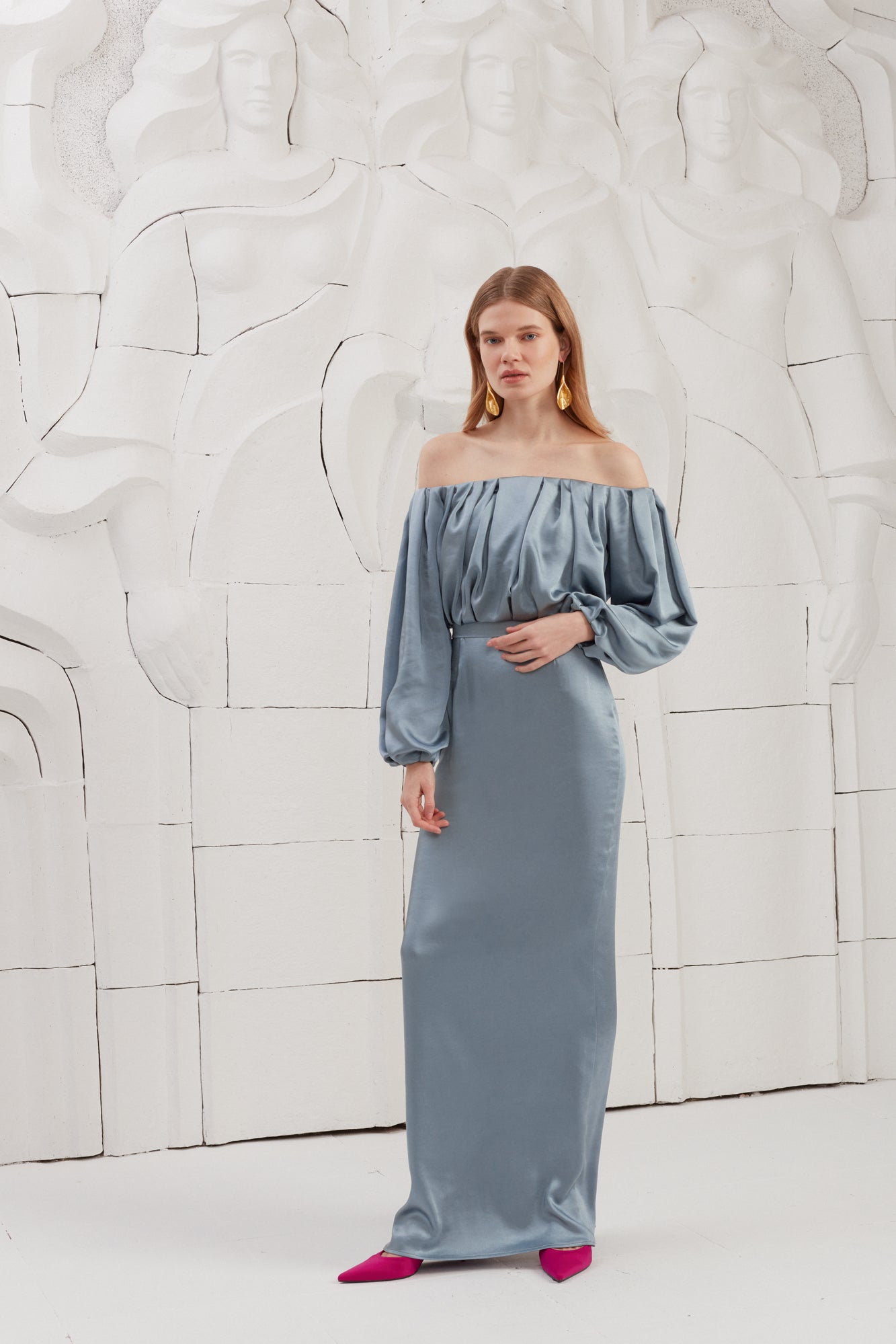 ALICE Stone Blue Off Shoulder Pleated Maxi Dress
