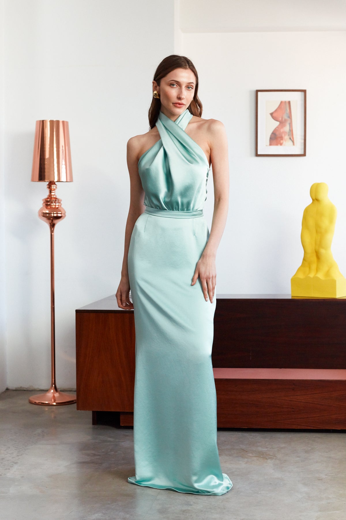 ALIUR Mint Green Satin X Neckline Evening Maxi Dress ALIUR Mint Green Satin X Neckline Evening Maxi Dress