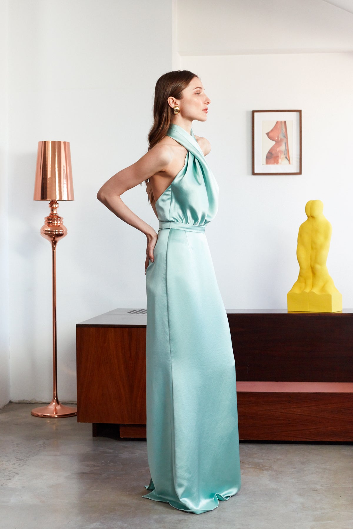 ALIUR Mint Green Satin X Neckline Evening Maxi Dress