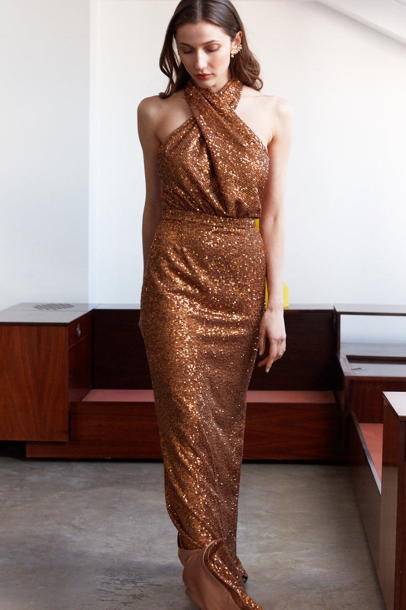 ALTA Bronze Sequin X Neckline Evening Maxi Dress