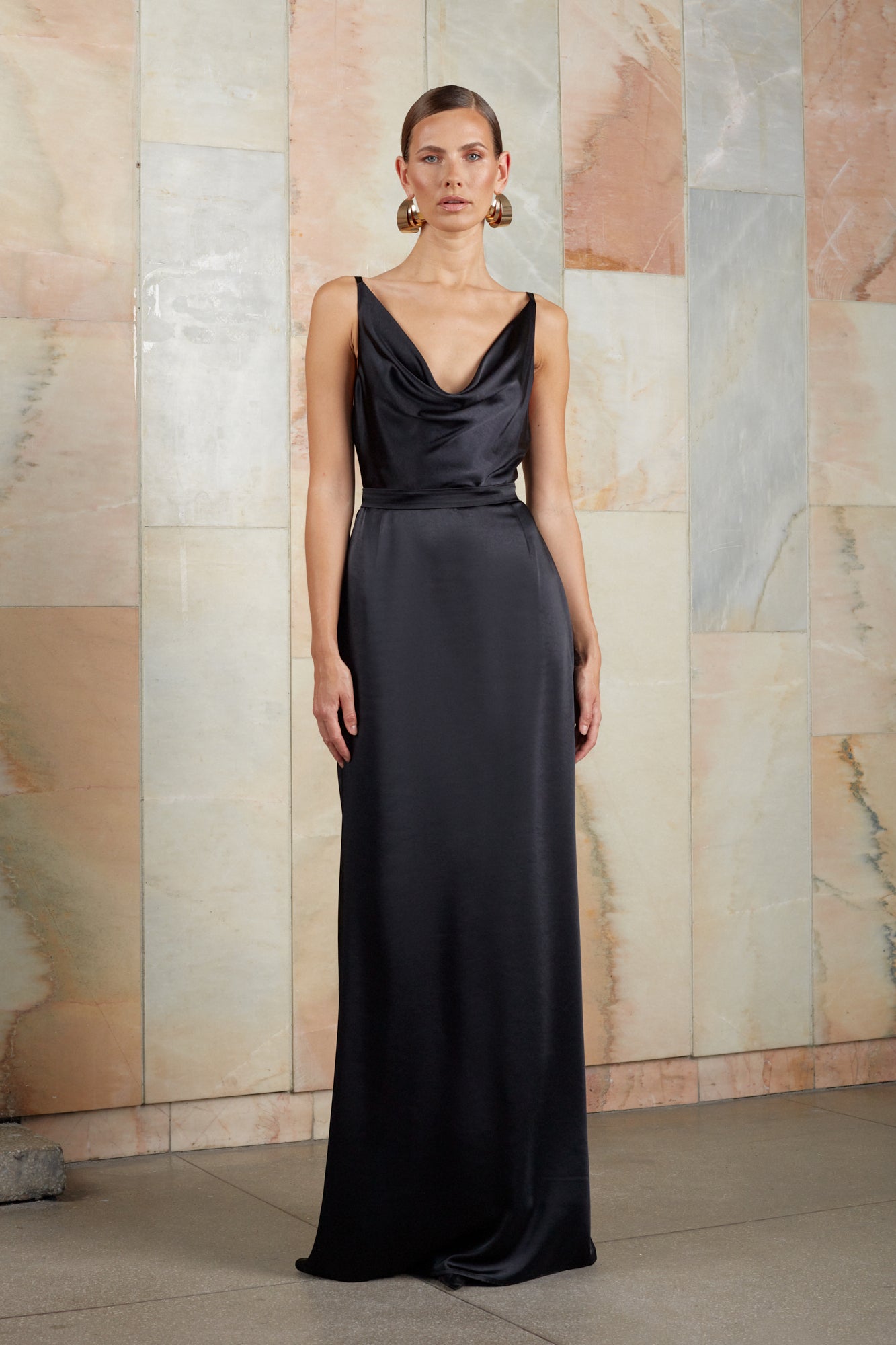 Black long satin draped front dress