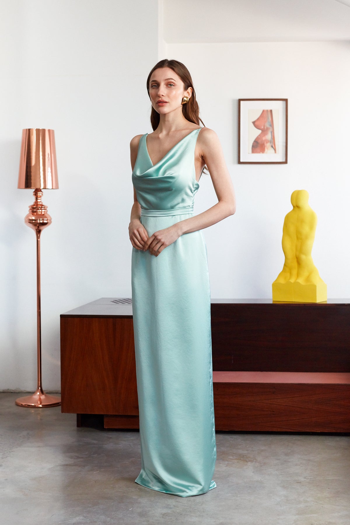 AMILA Mint Green Satin Draped Front Open Back Maxi Dress