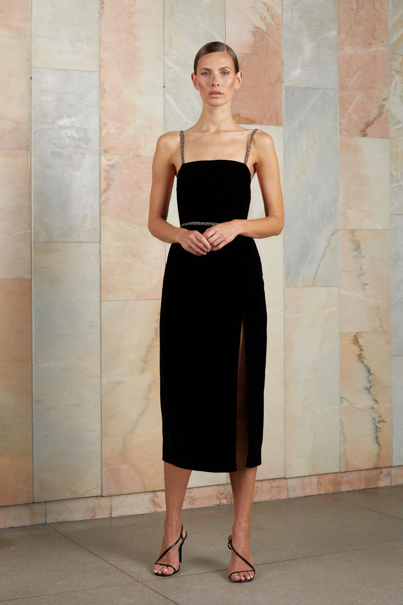 Elegant Black Silk Velvet Midi length Dress