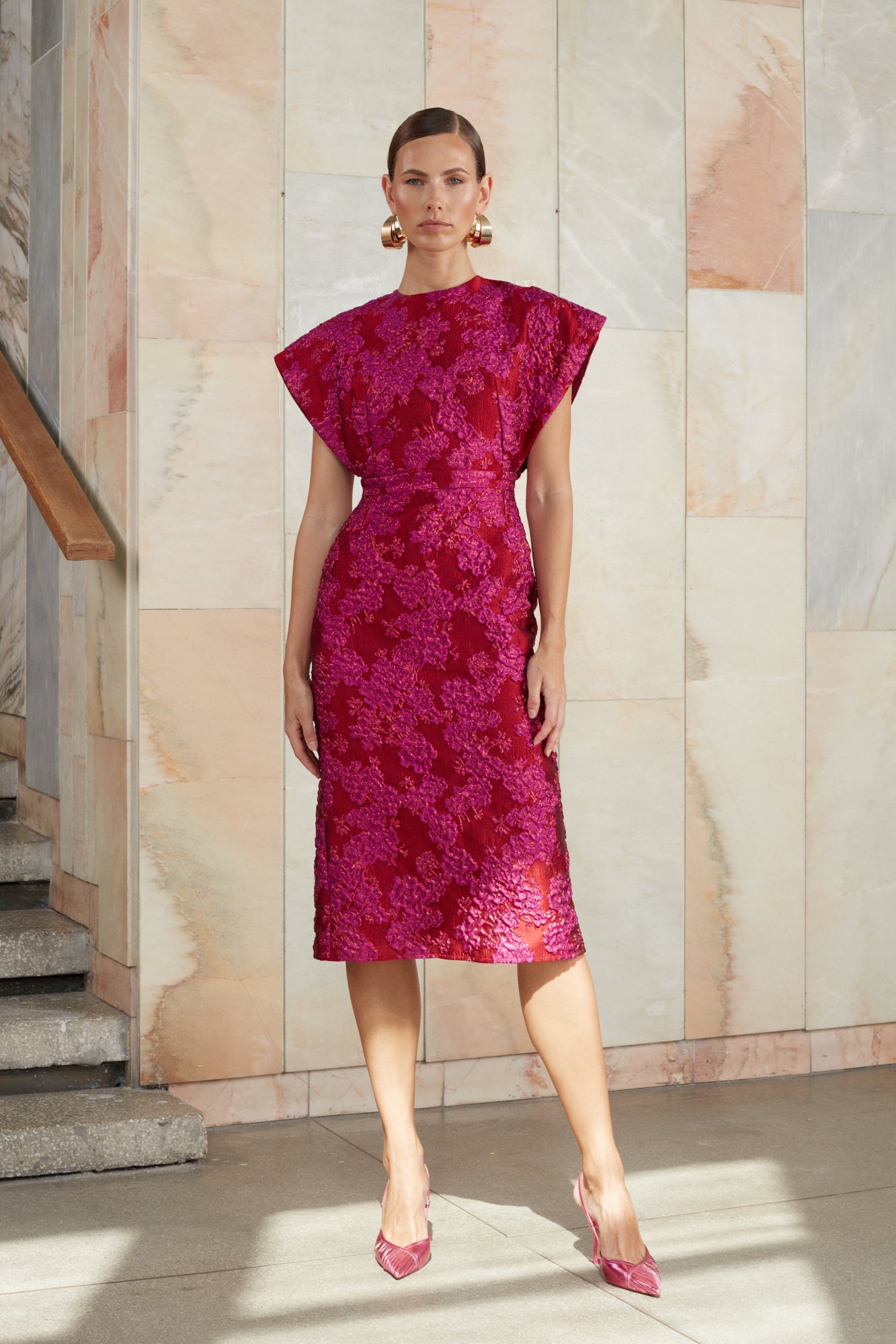 Red pink jacquard midi dress ANN | UNDRESS Red pink jacquard midi dress ANN | UNDRESS