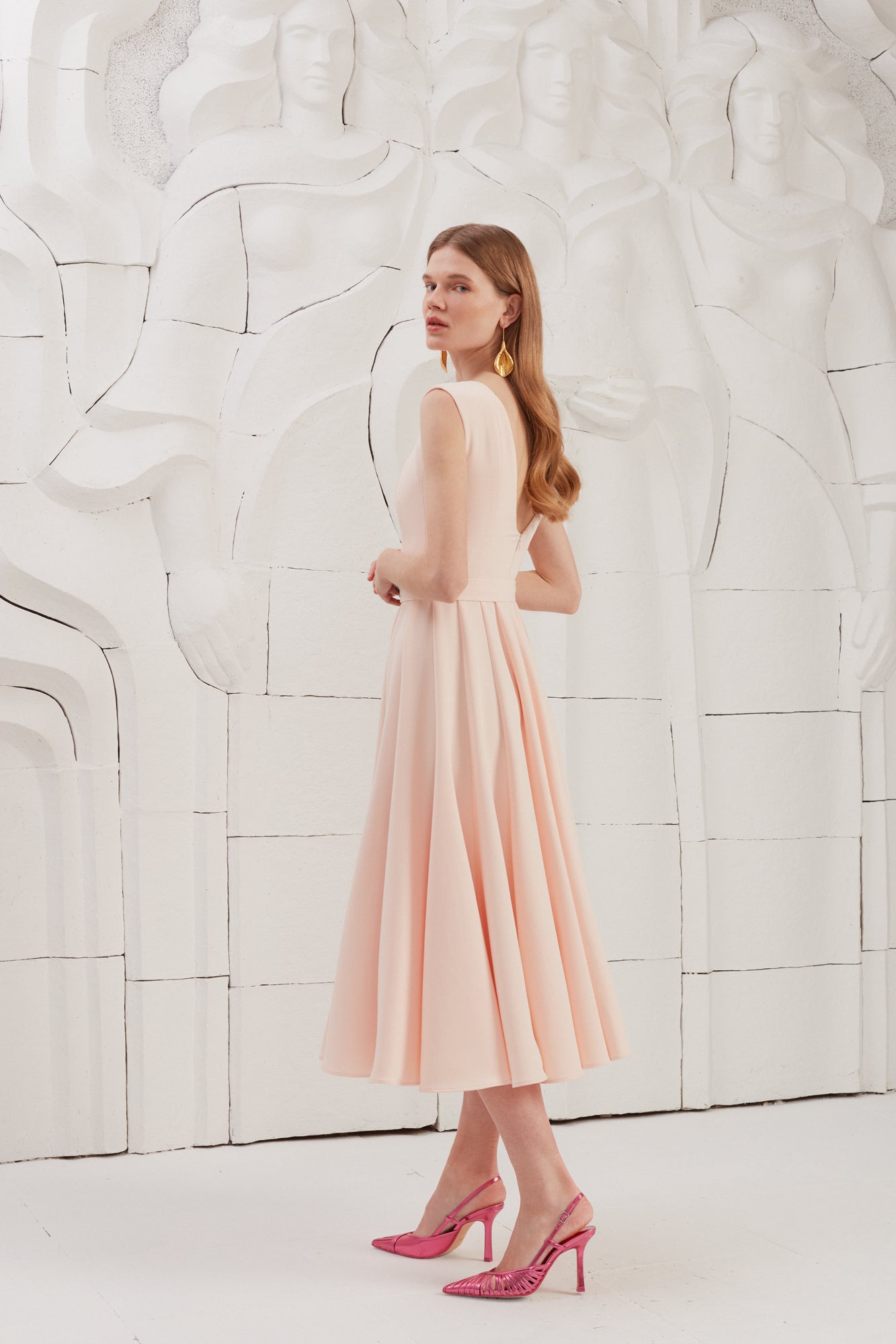 ARIOSE Pastel Pink Flared Godet Midi Dress With Open Back