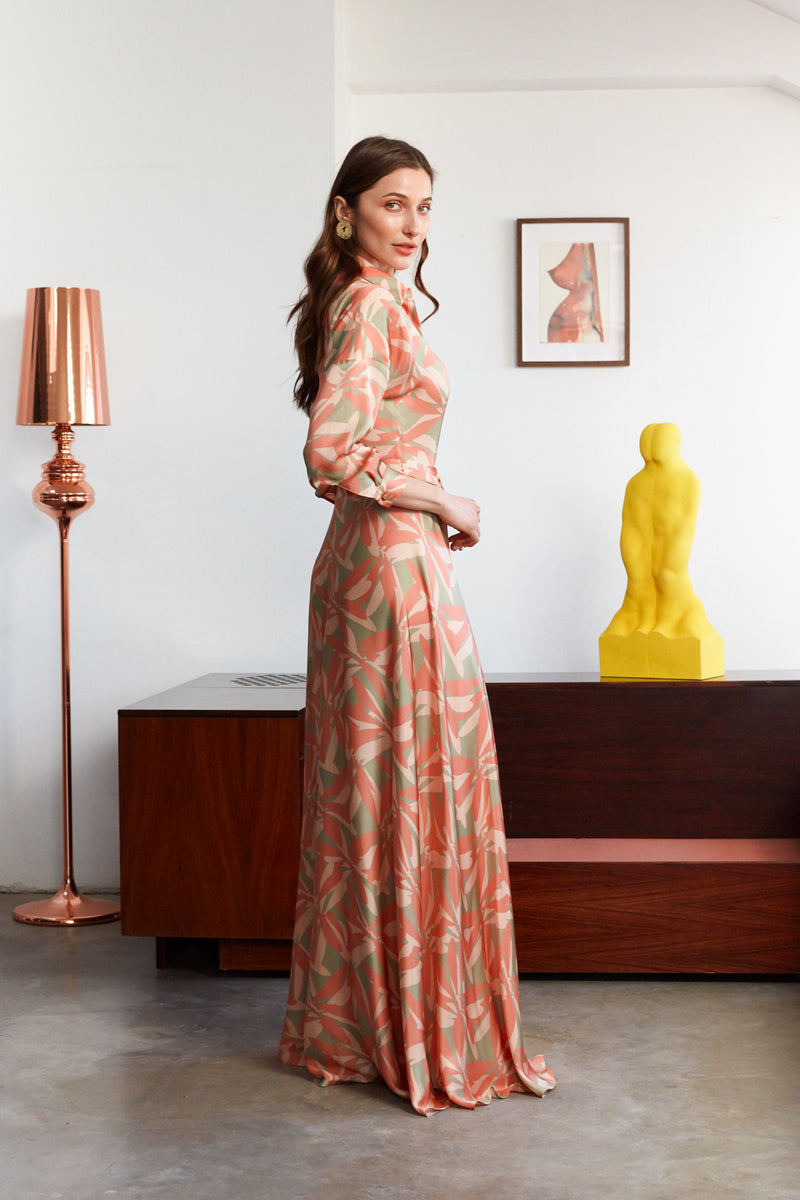 AYDA Floral Printed Pastel Raglan Sleeves Maxi Shirt Dress With Circle Skirt
