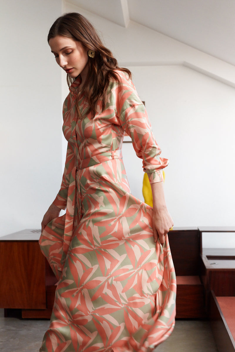 AYDA Floral Printed Pastel Raglan Sleeves Maxi Shirt Dress With Circle Skirt