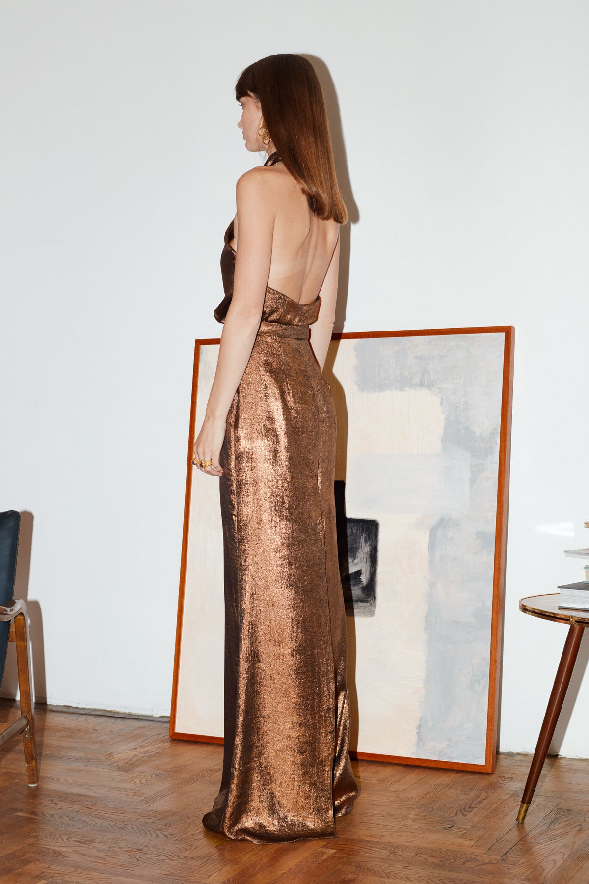 Aliur X Neckline Bronze Metallic Evening Maxi Dress