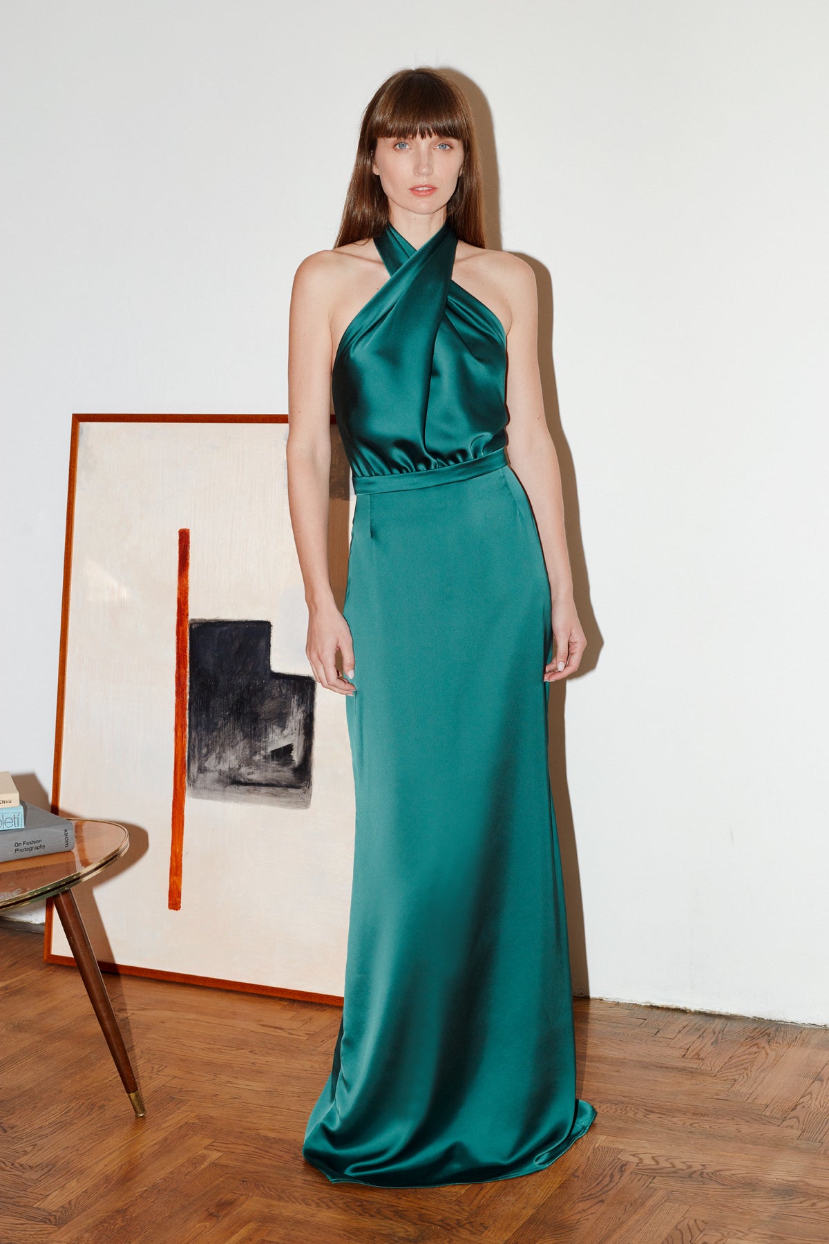 Aliur X Neckline Deep Green Satin Evening Maxi Dress