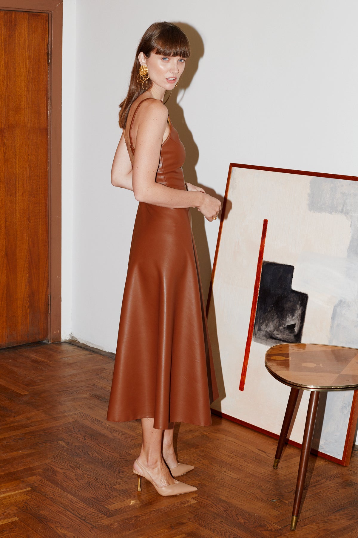 Anya Cinnamon Brown Soft Vegan Leather Midi Dress With Mermaid Skirt