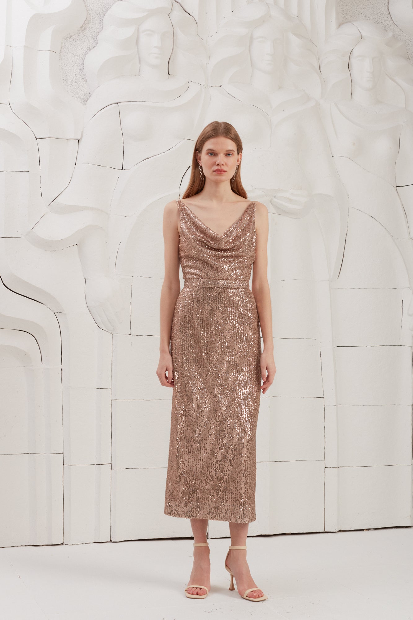 BERTA Nude Sequin Draped Front Open Back Midi Dress