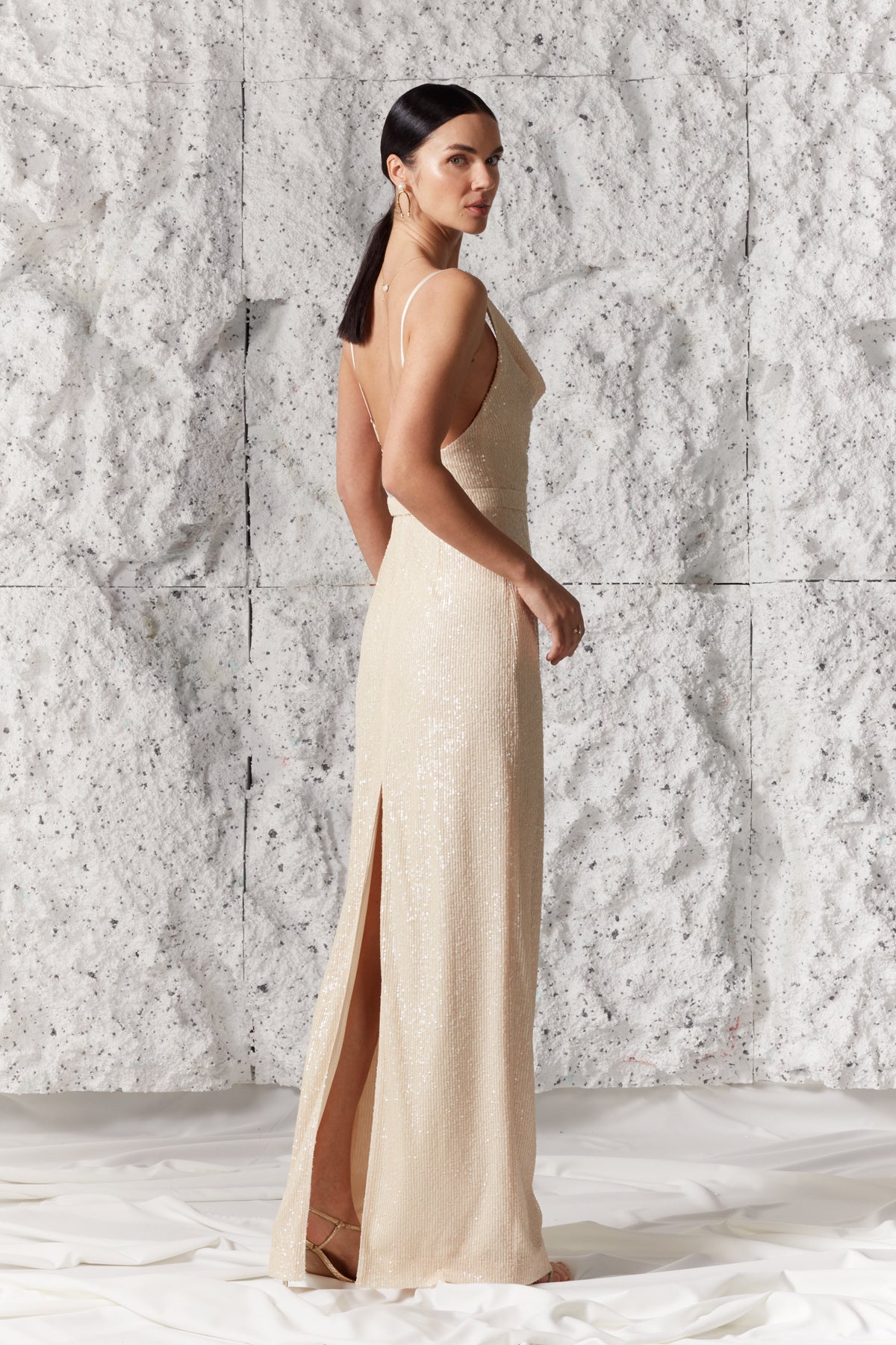 BERTA pastel cream sequin maxi wedding dress