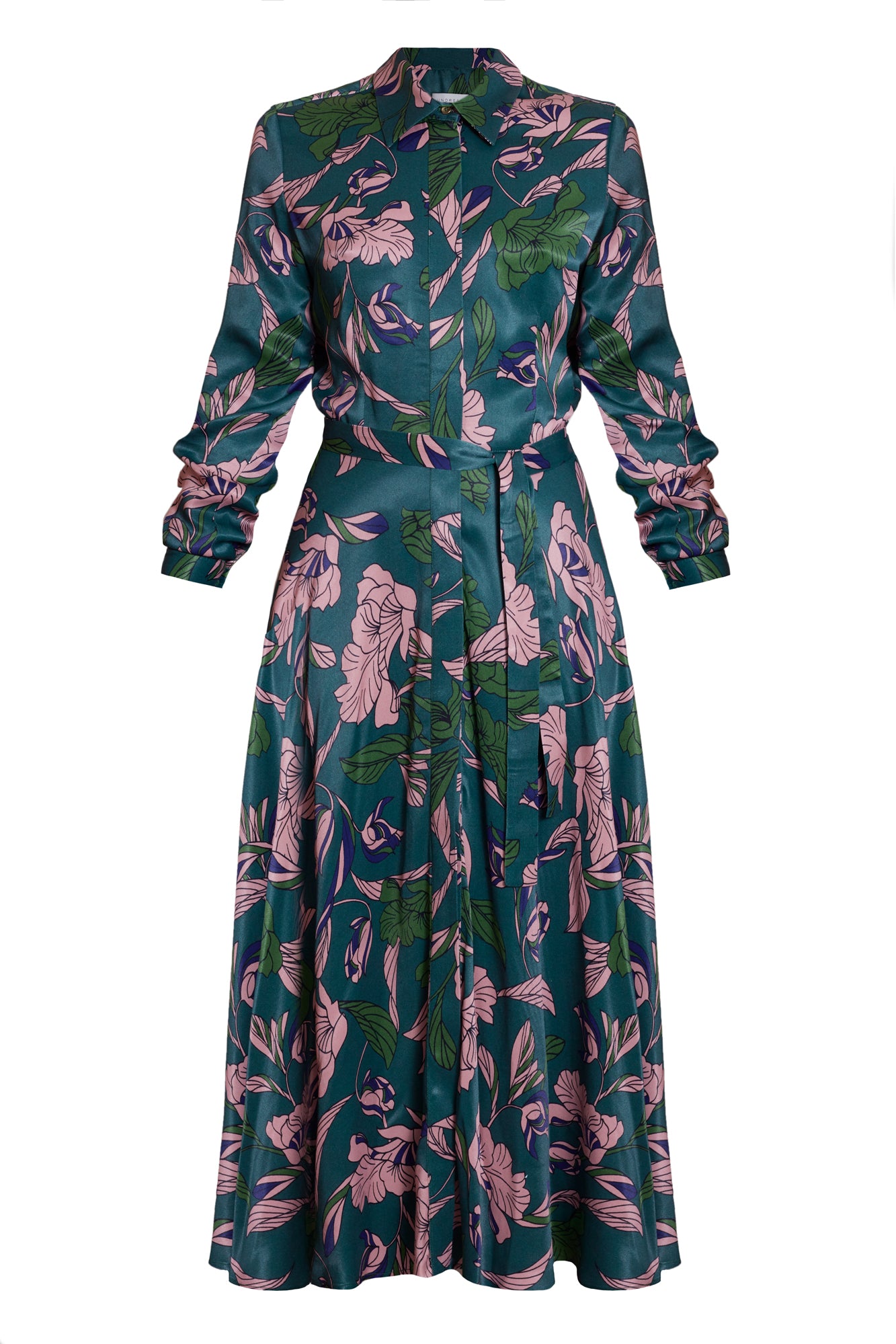 Handmade Floral printed green midi shirtdress BRUNA