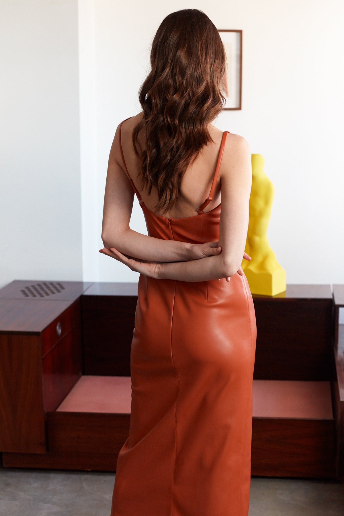 CALISTA Brown Soft Vegan Leather Midi Dress With Front Slip