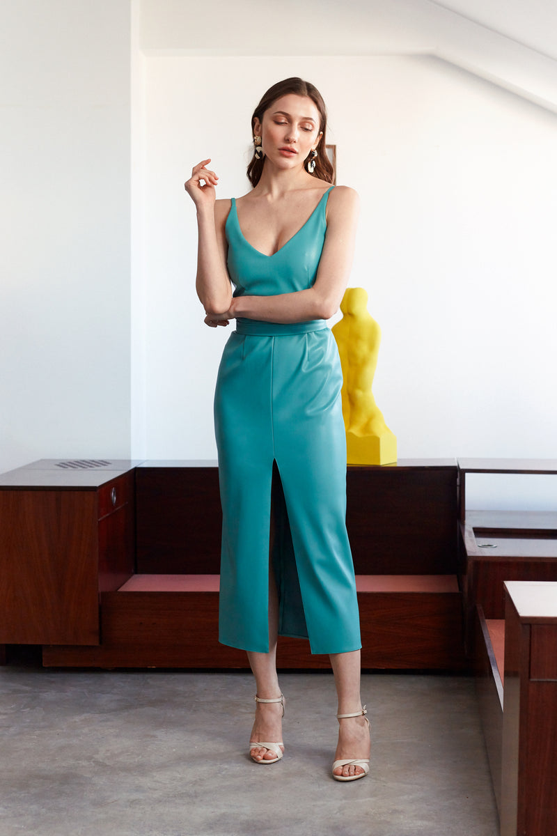 CALISTA Teal Blue Soft Vegan Leather Midi Dress With Front Slip