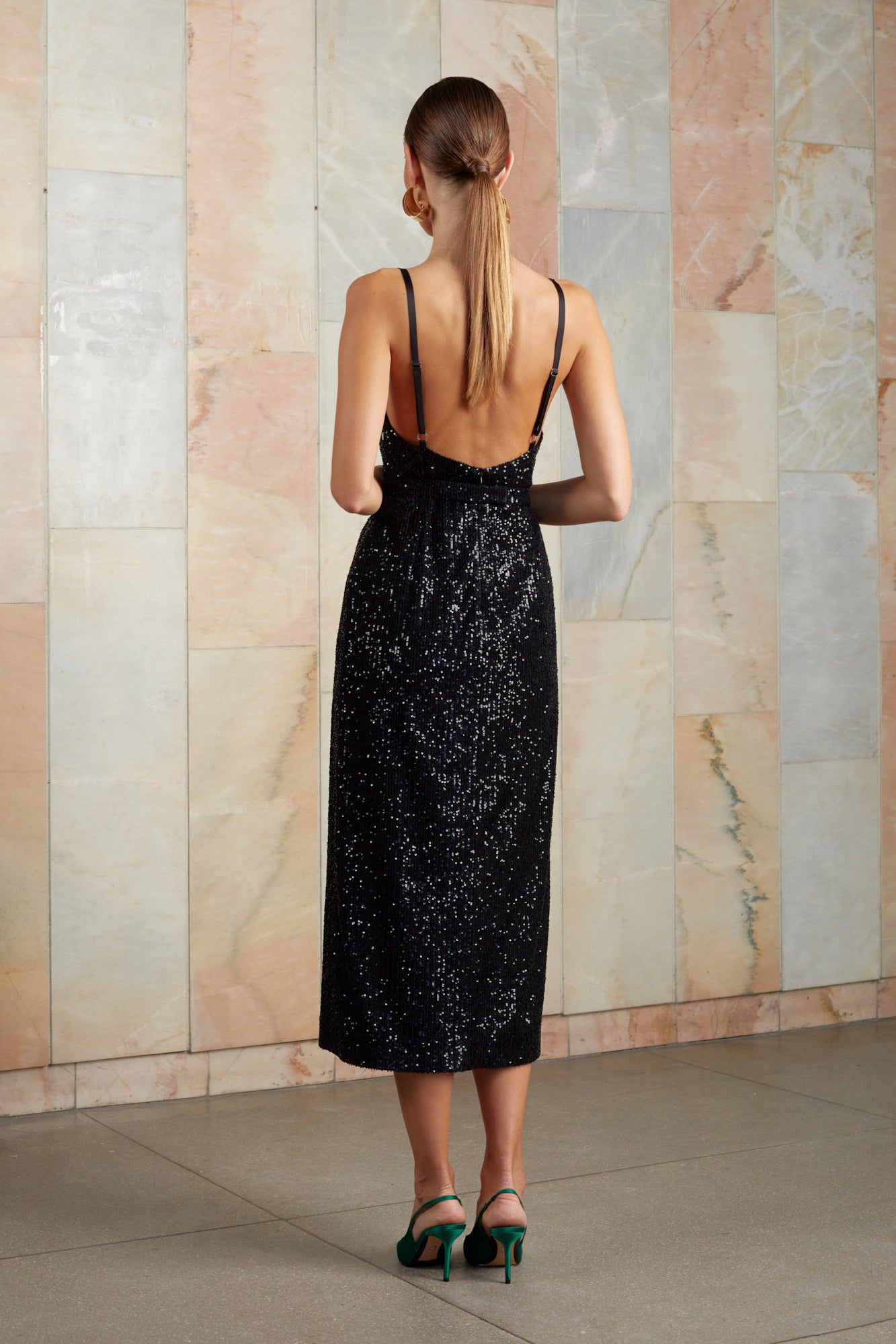 Black sequin midi dress with open back